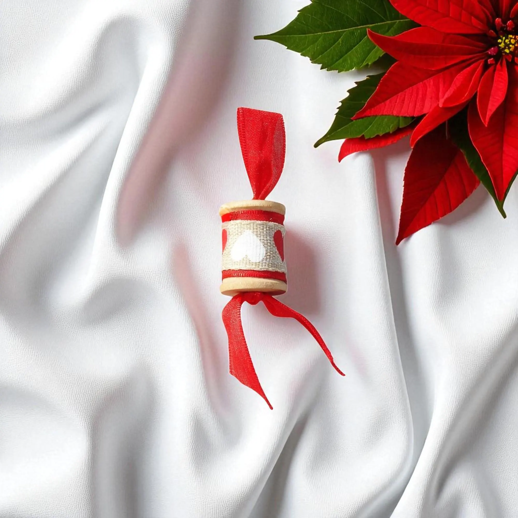 Wooden Decorative Red & White Heart Spool Ornament 