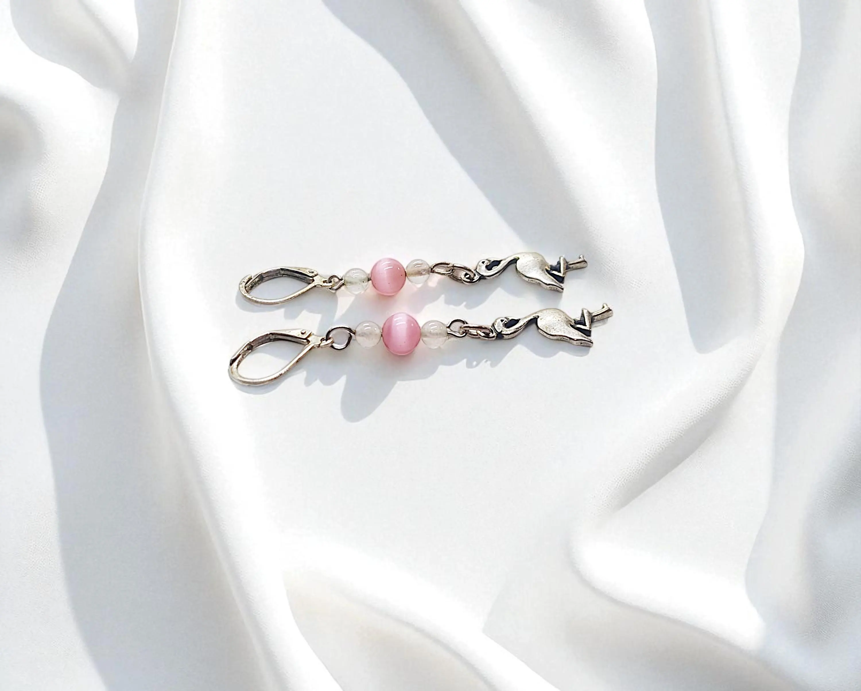 Sterling Silver Pink Flamingo, Gemstone Earrings 