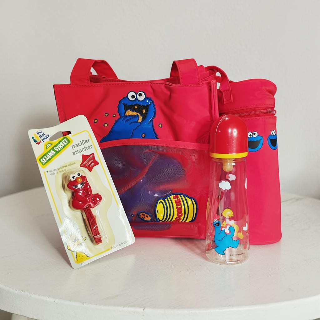 RARE Sesame Street Cookie Monster Insulated Diaper & Bottle Tote Bag Set with Bottle Holder