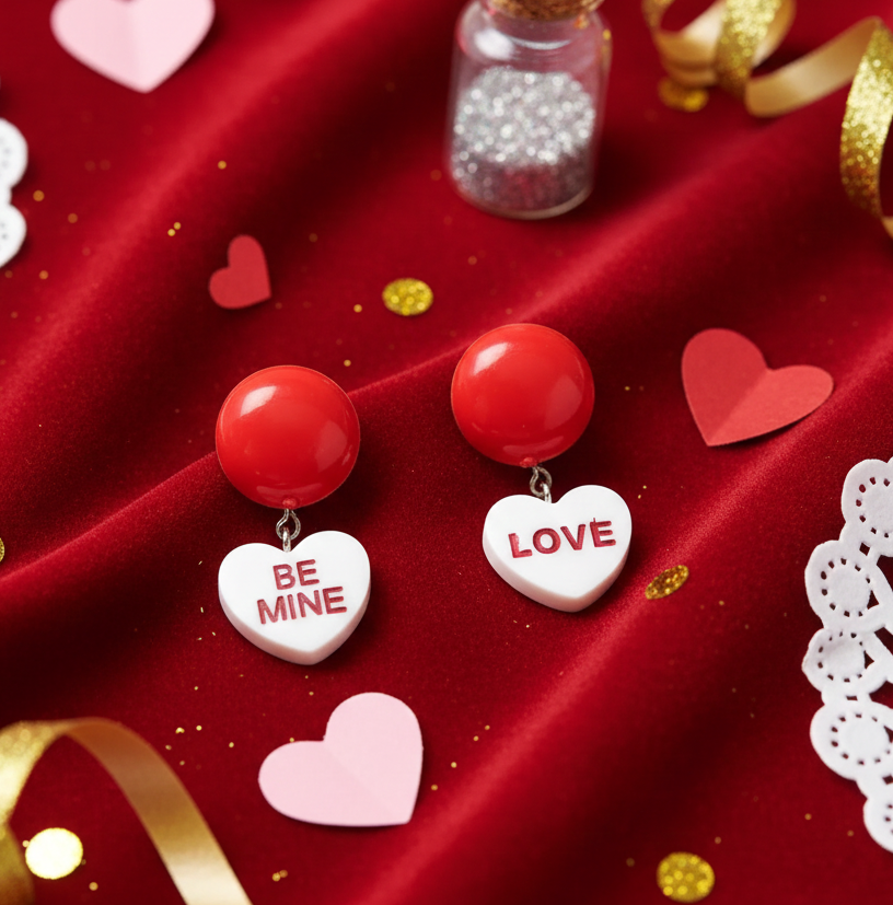 Handmade Retro Valentine's Day Heart Shaped Candy Dangle Clip on Earrings