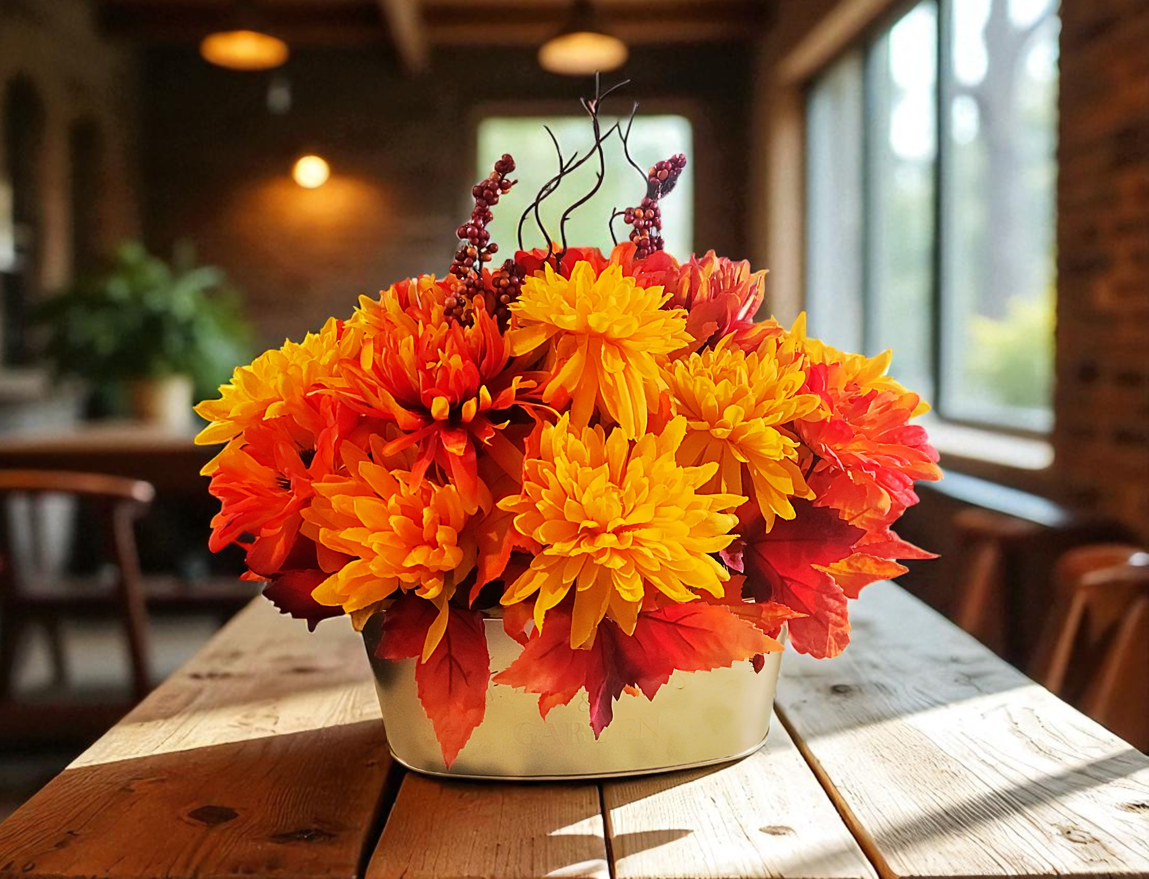 Bright Autumn Flower and Leaves Arrangement in Gold Planter Table Centerpiece