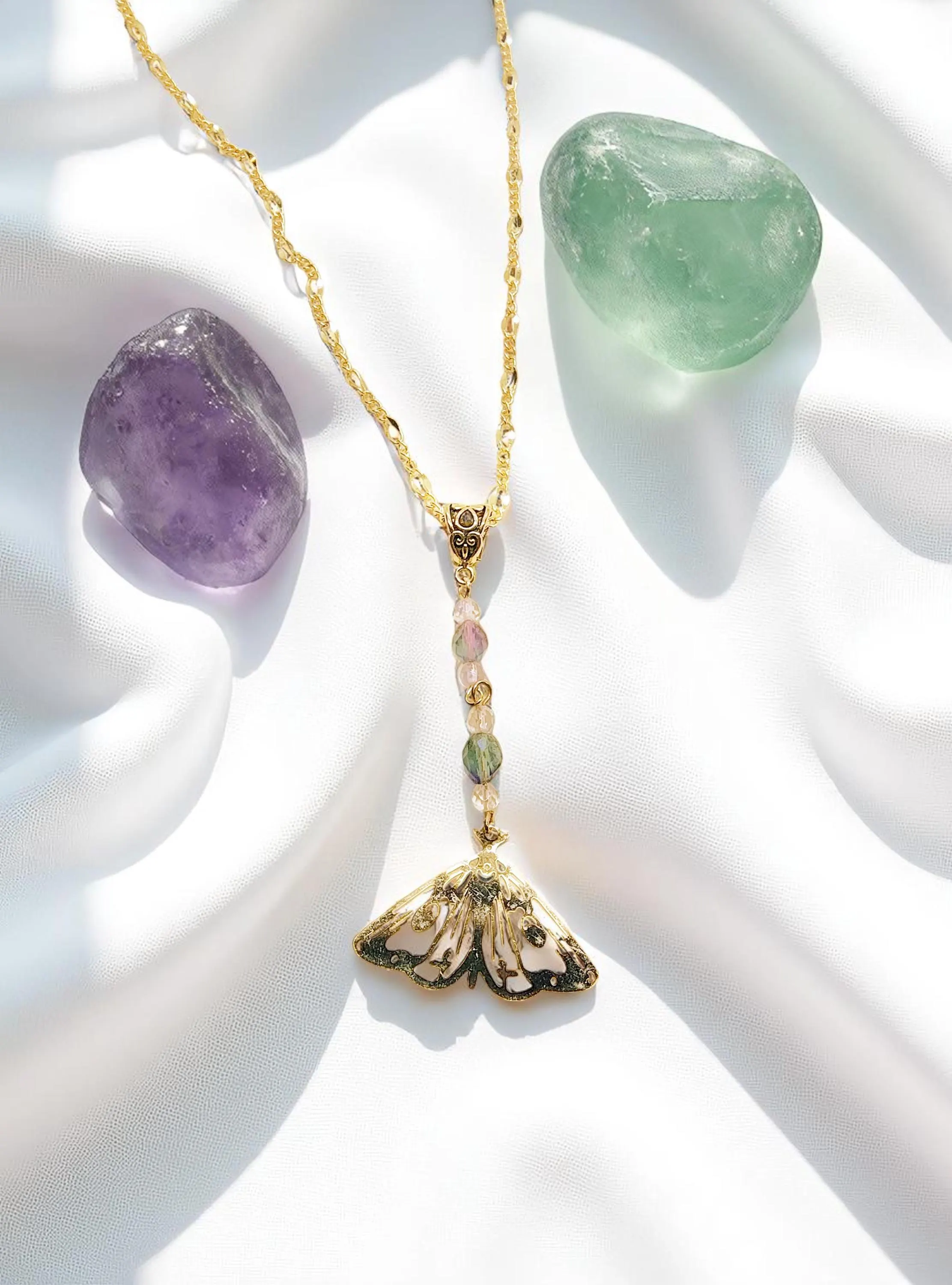 Gold Plated Butterfly & Fluorite, Opalite Gemstone Necklace and Post Earrings Set