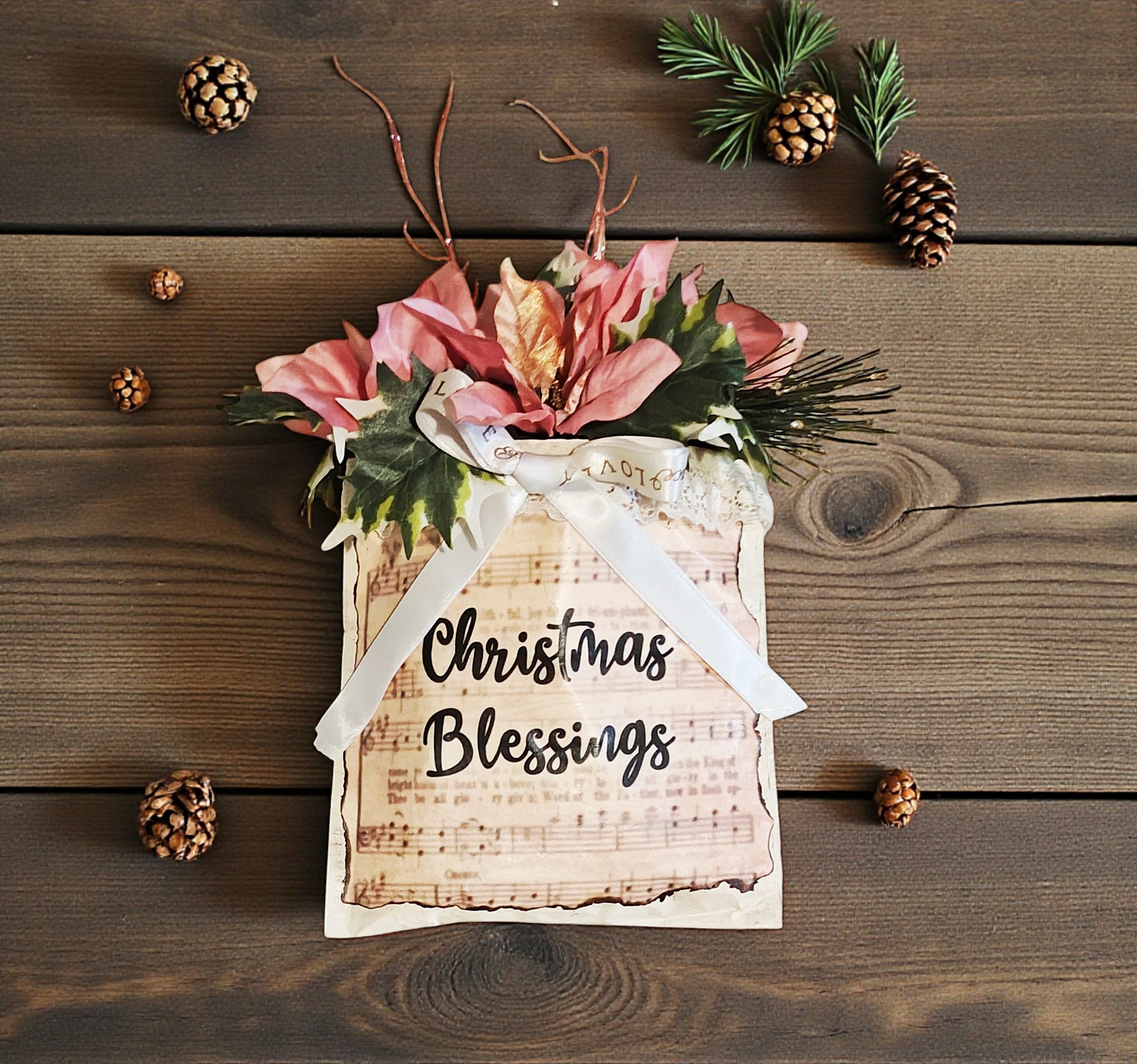 Rustic Christmas Blessings Gold & Pink Poinsettia Door Hanger