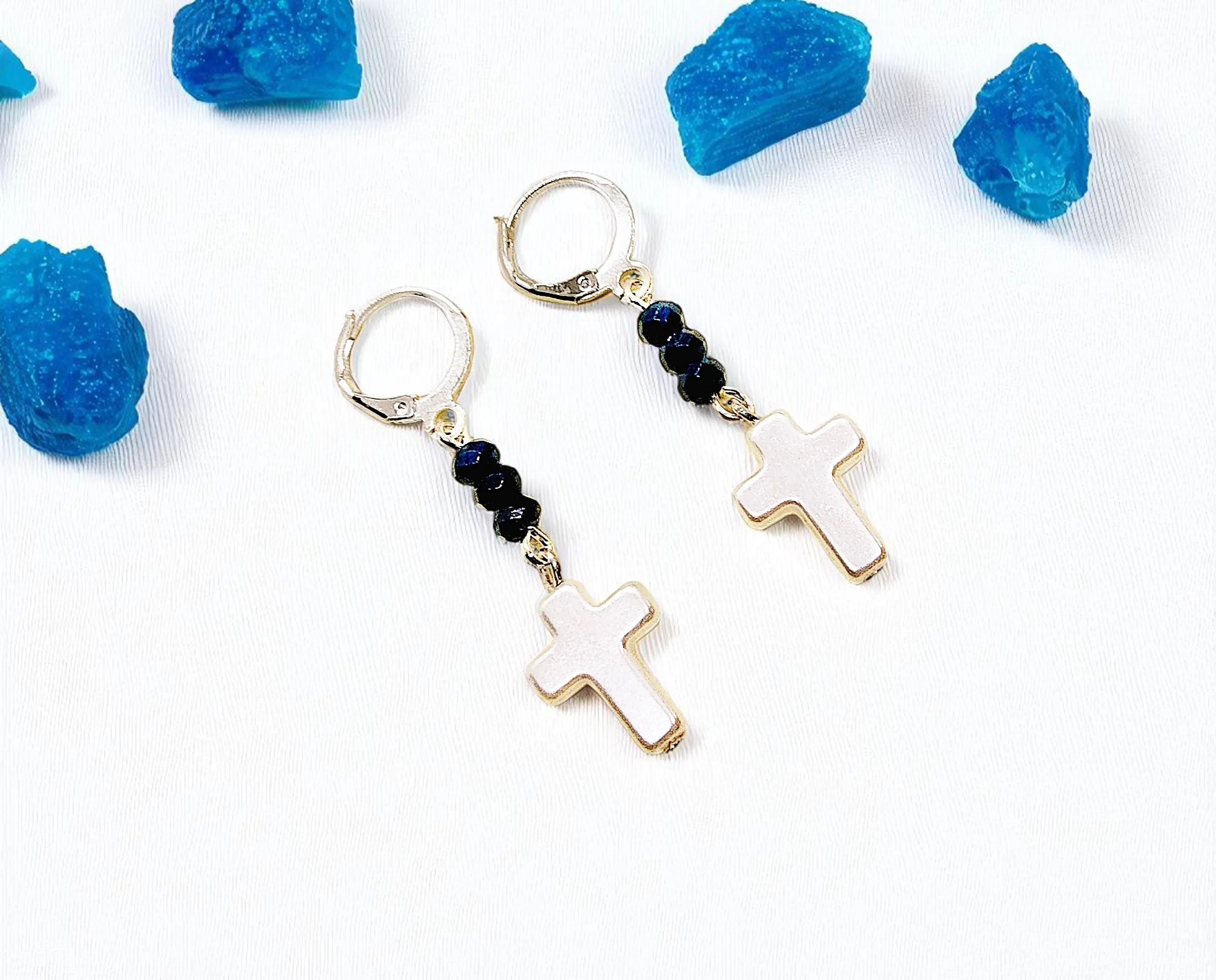 Religious Christian Sapphire Gemstone Pearl Cross Dangle Earrings with Lever Backs