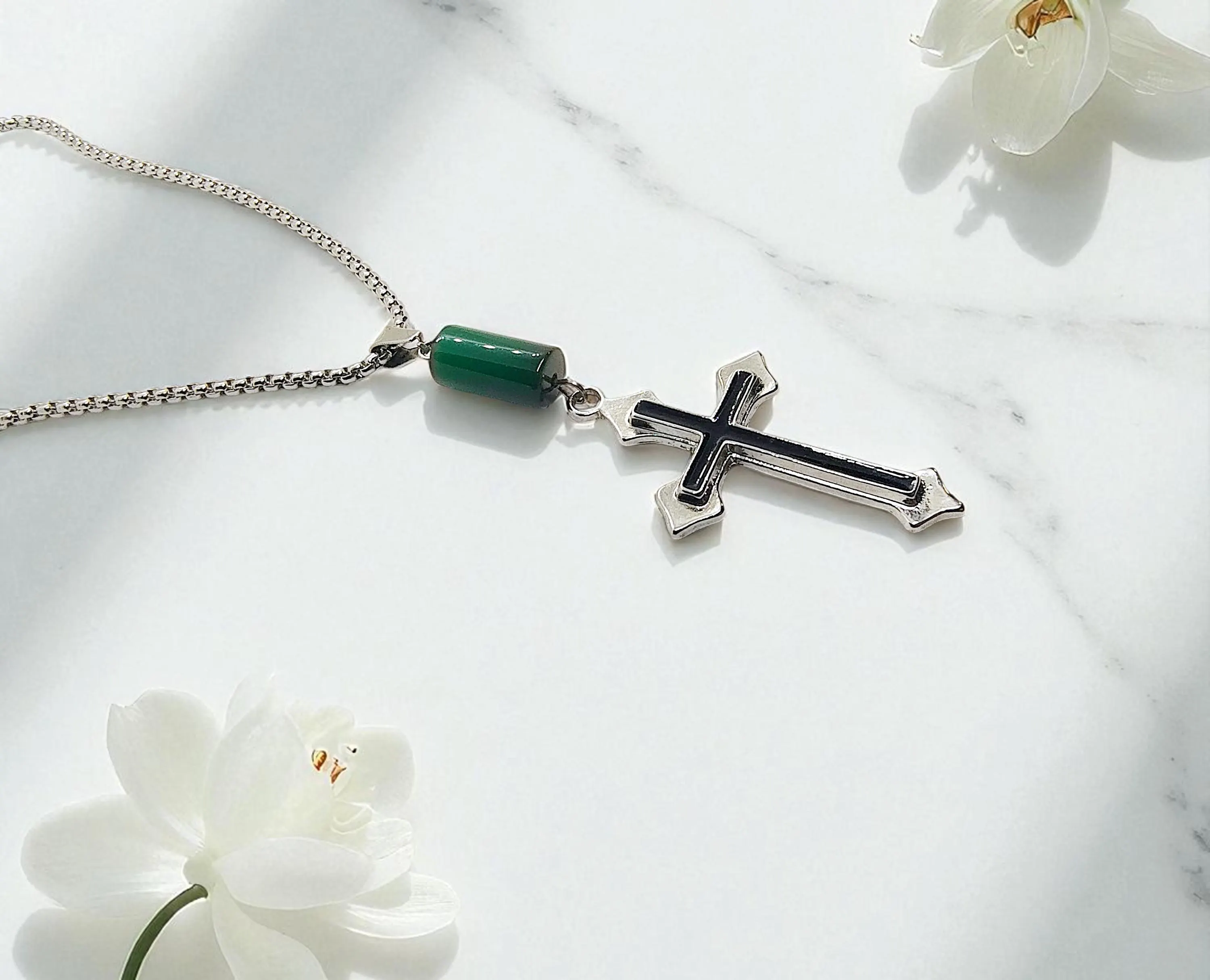 Men's Christian Cross Stainless Steel Gemstone Necklace