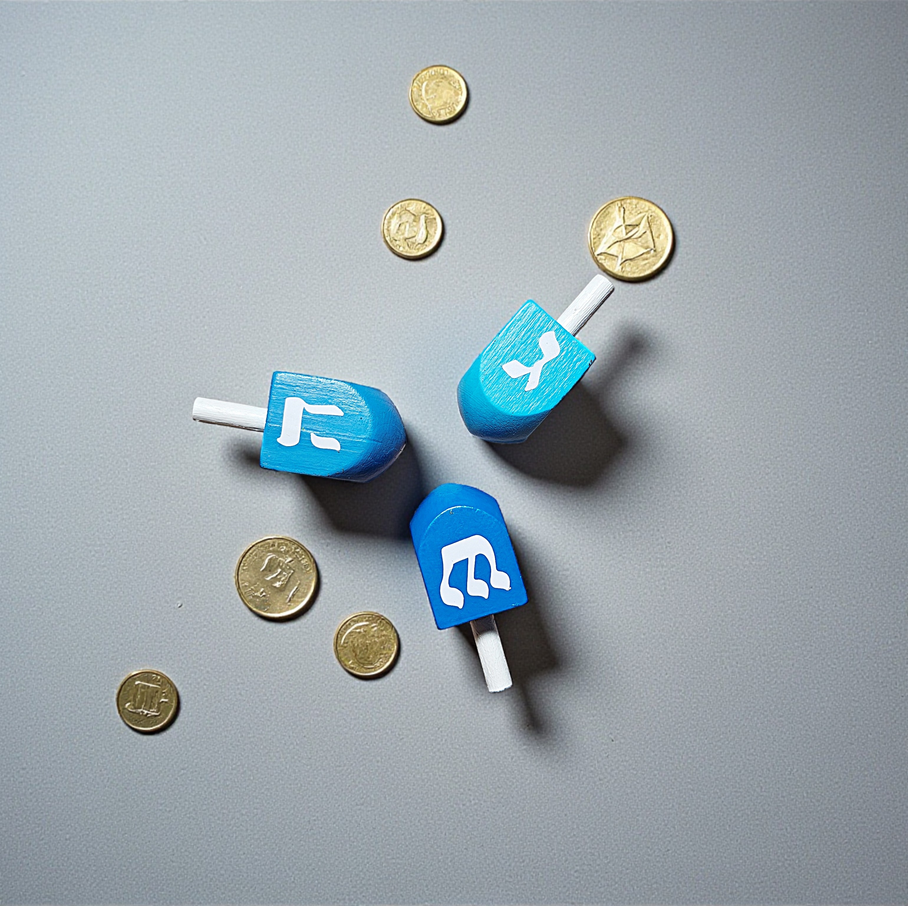 Hand Painted Wooden Blue Hanukkah Dreidel Game Set of 3