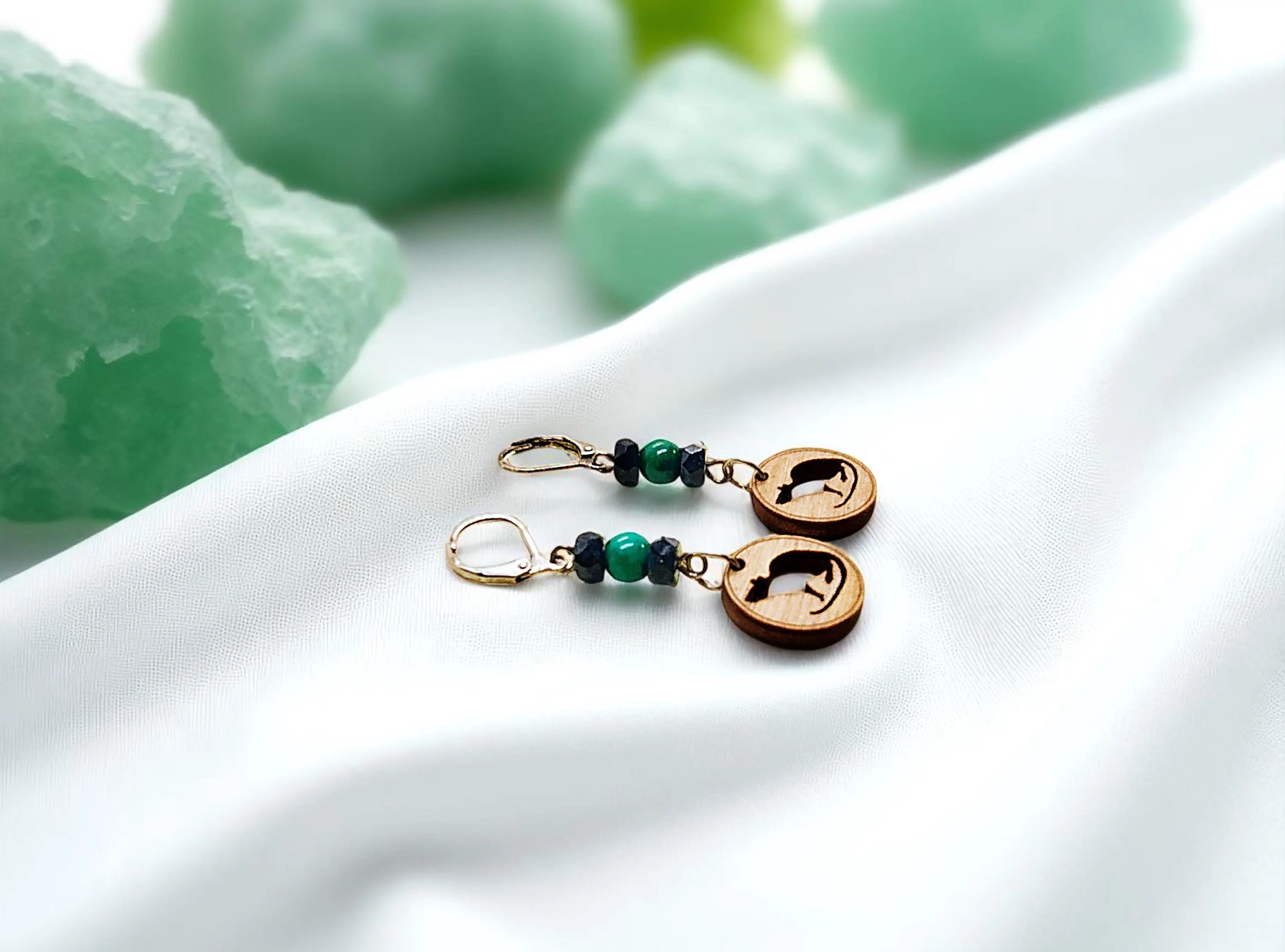 Handcrafted Cute Rat Wooden Rat Charm & Gemstone Dangle Earrings
