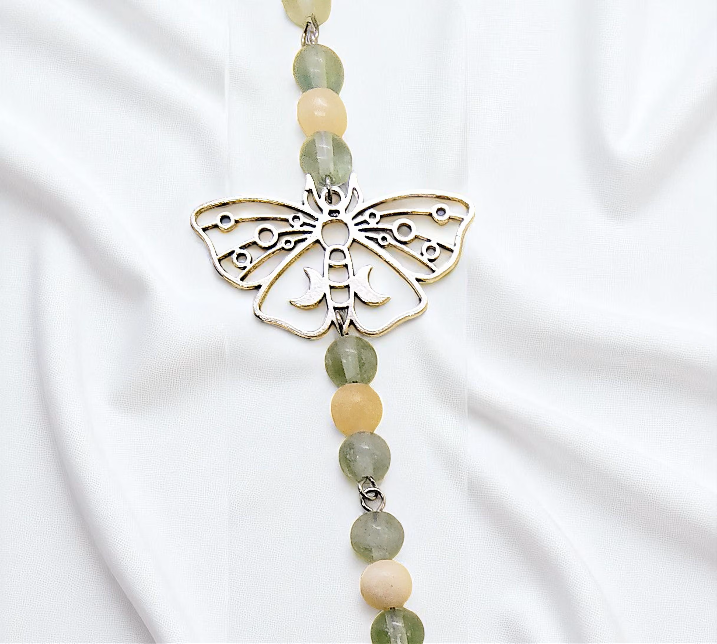 Hanging Beaded Green Gemstone Sun Catcher with Butterflies
