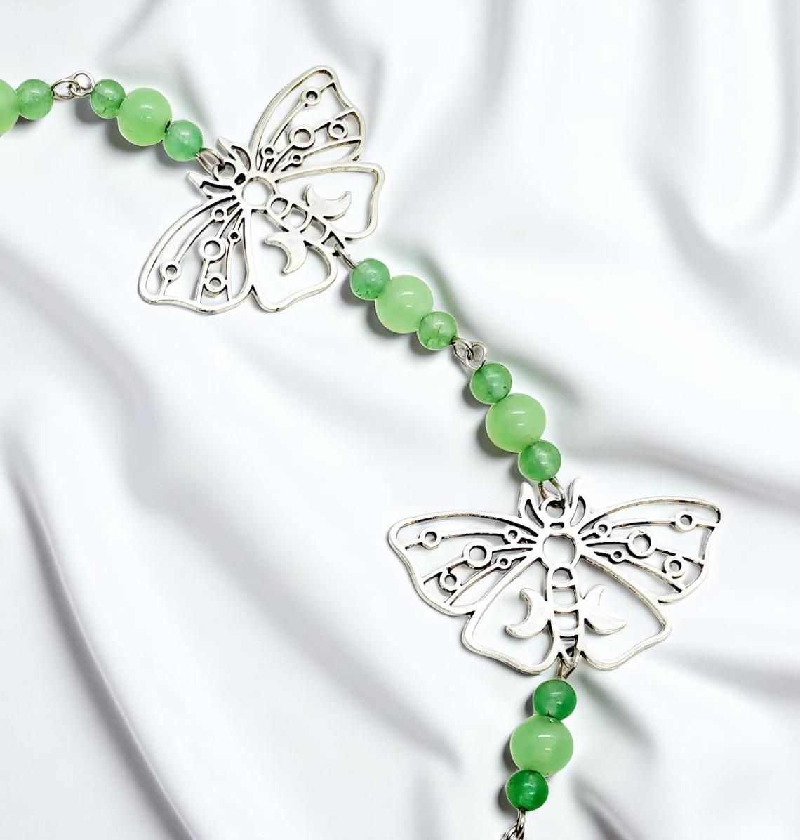 Hanging Beaded Green Gemstone Sun Catcher with Butterflies