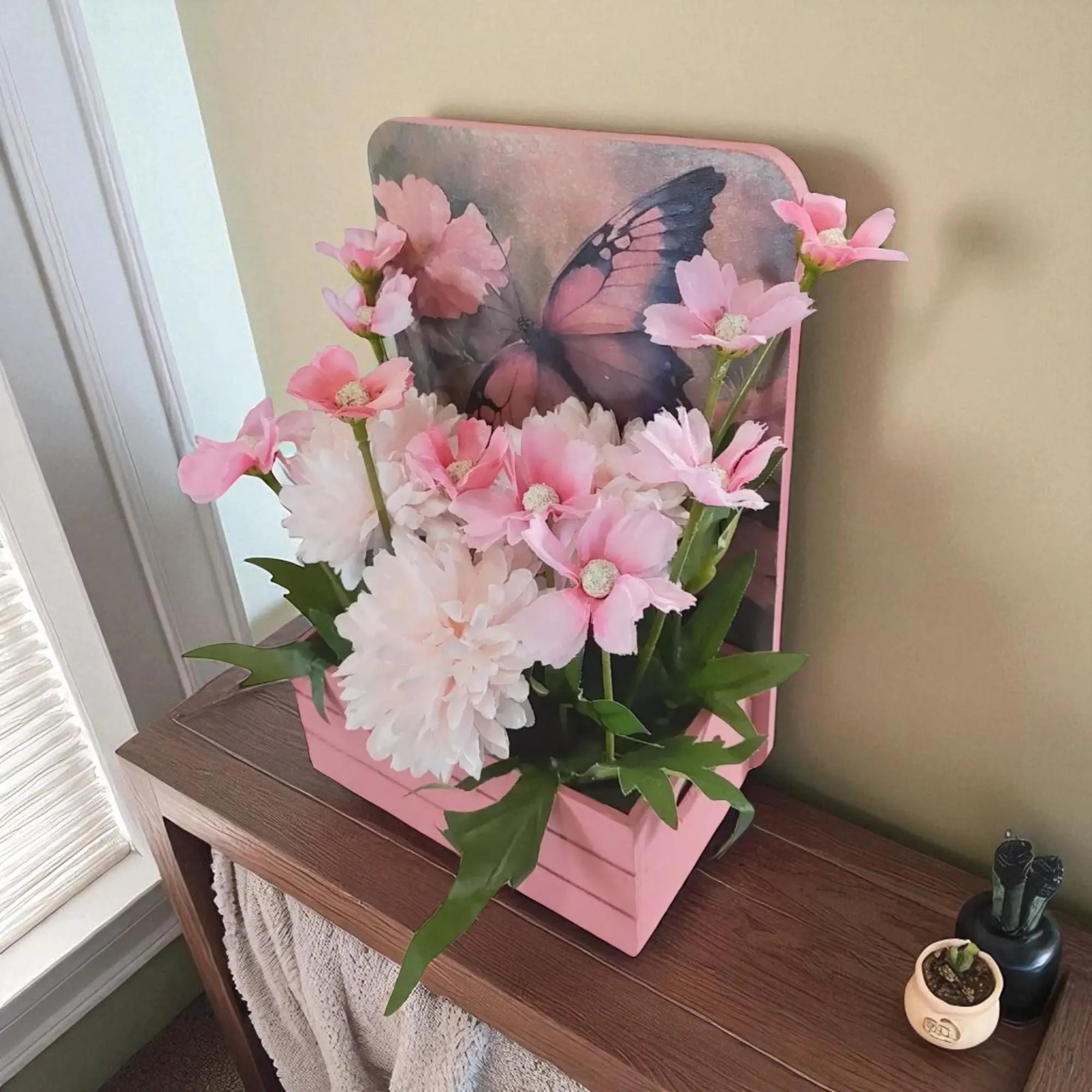 Artificial Flower Arrangement in Wooden Decoupaged Planter 