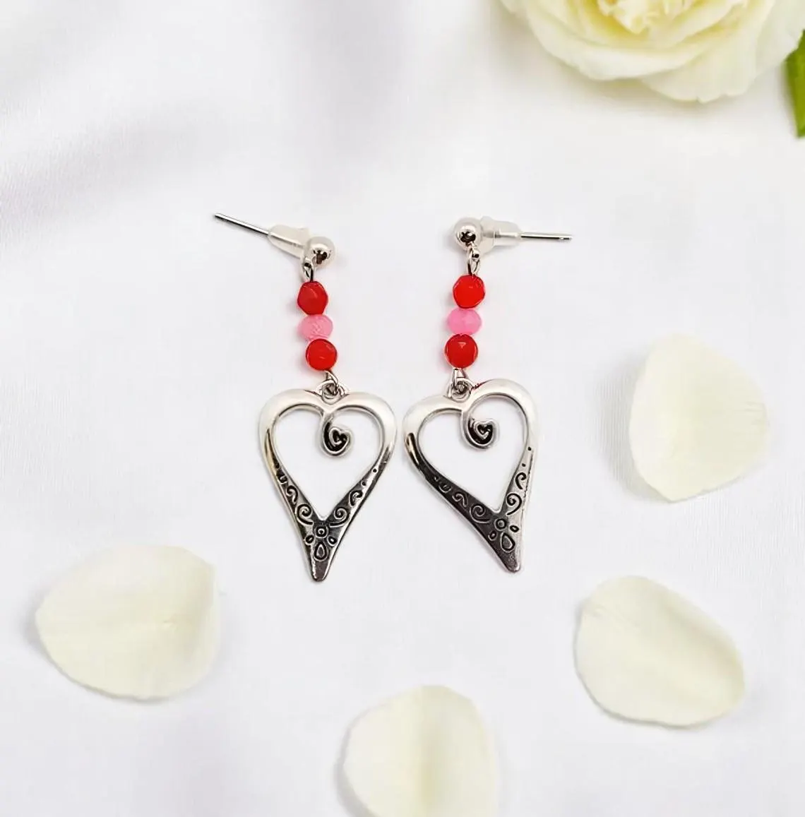 Handcrafted Decorative Heart & Gemstone Post Earrings 