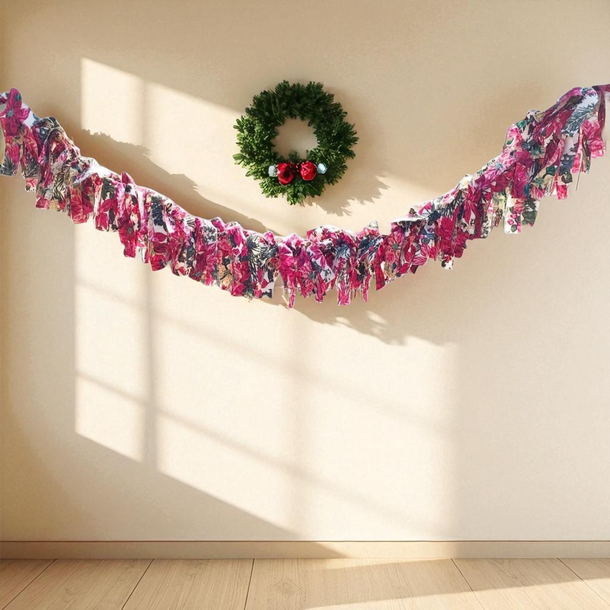 Handmade Christmas Poinsettia Fabric Rag Flag Garland Banner Decoration