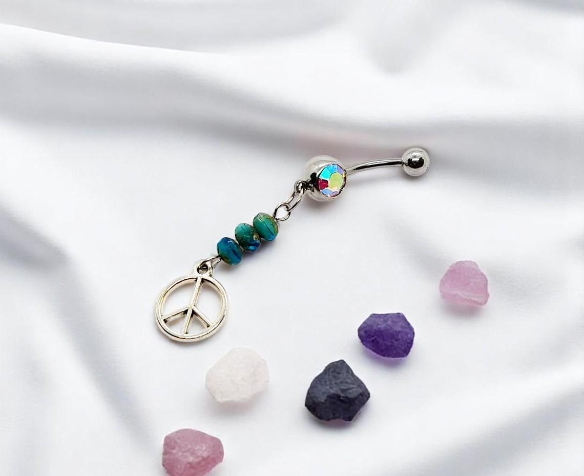 Peace Sign Beaded Dangle Belly Button Ring Body Jewelry - 14 G