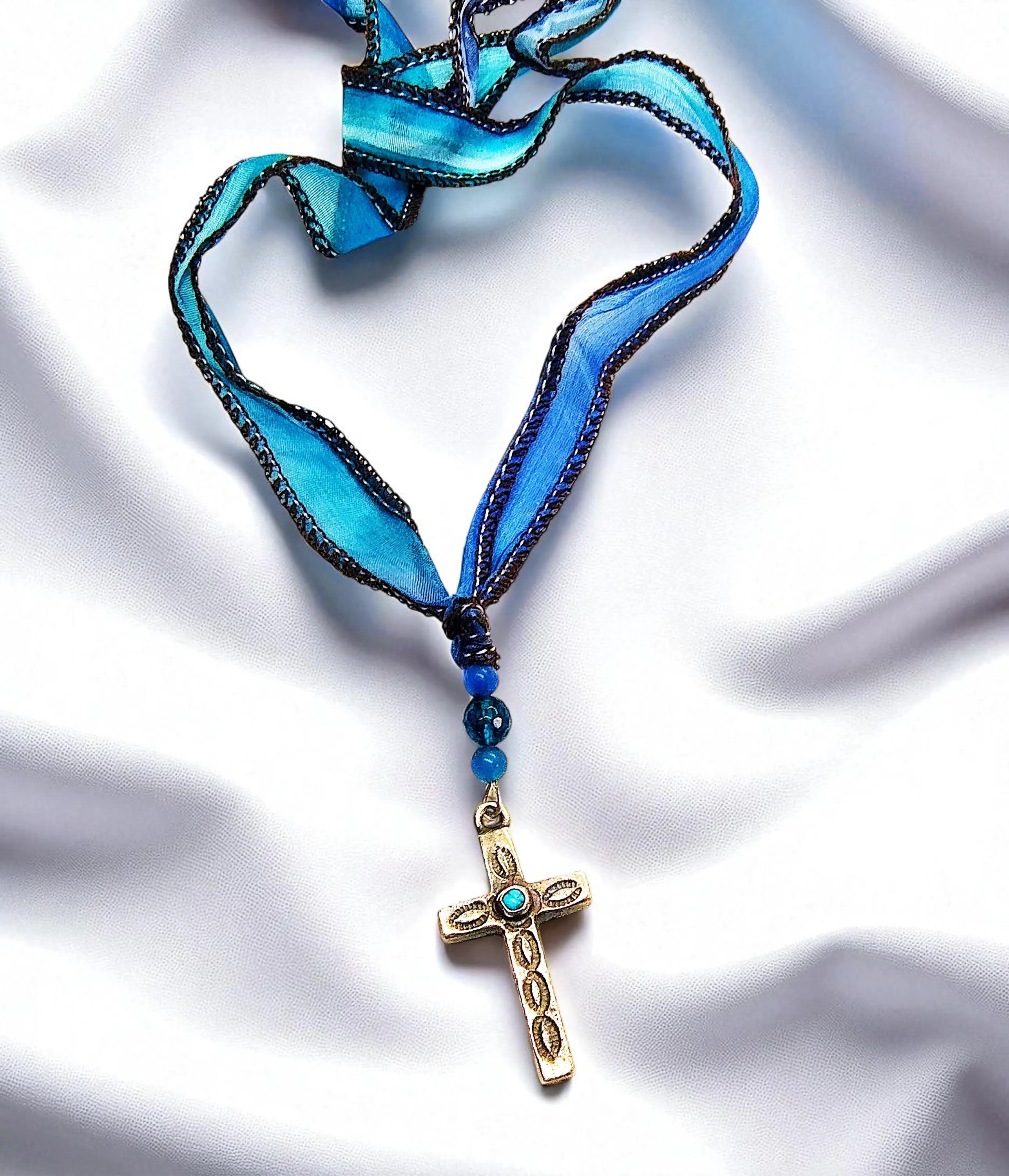 Christian Cross Blue Gemstone Bohemian Multi-Wrap Silk Wrap Ribbon Bracelet