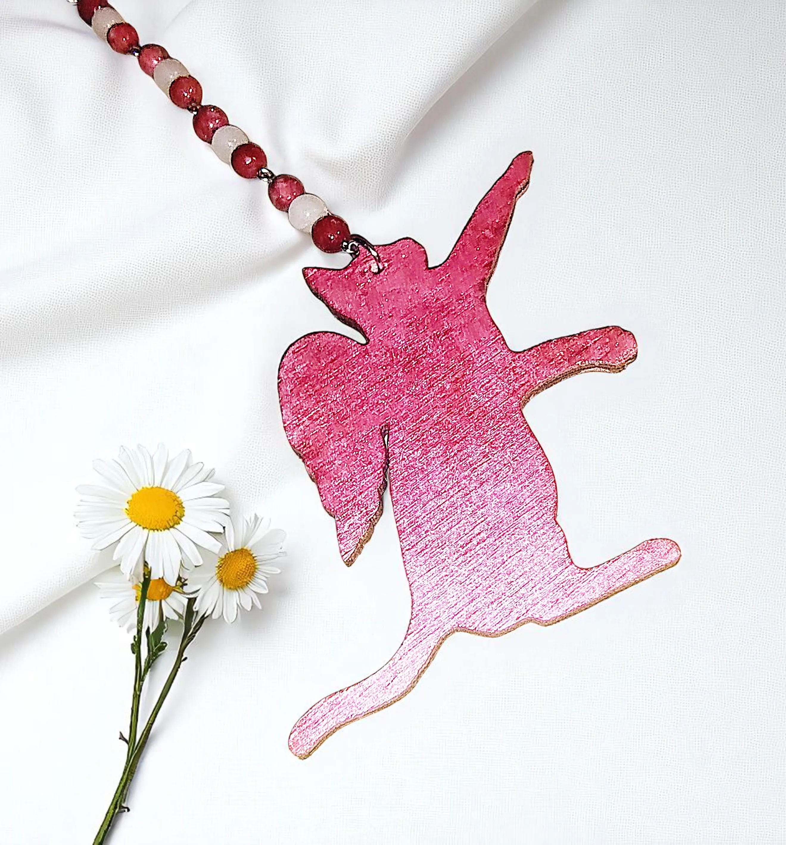 Pink Cat Angel and Beaded Gemstone Rearview Mirror Car Charm 