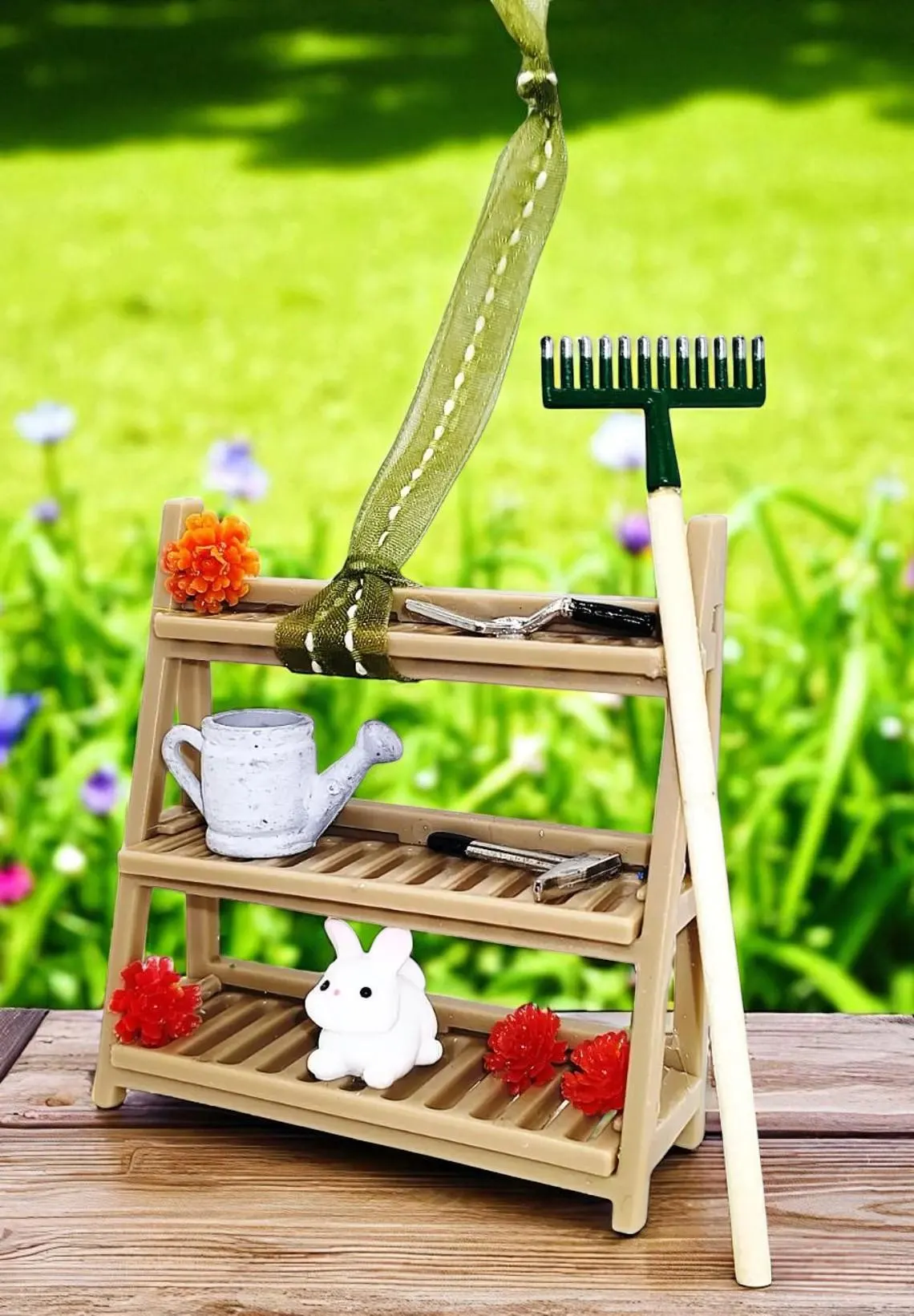 Miniature Garden Shelf Ornament with Garden Tools