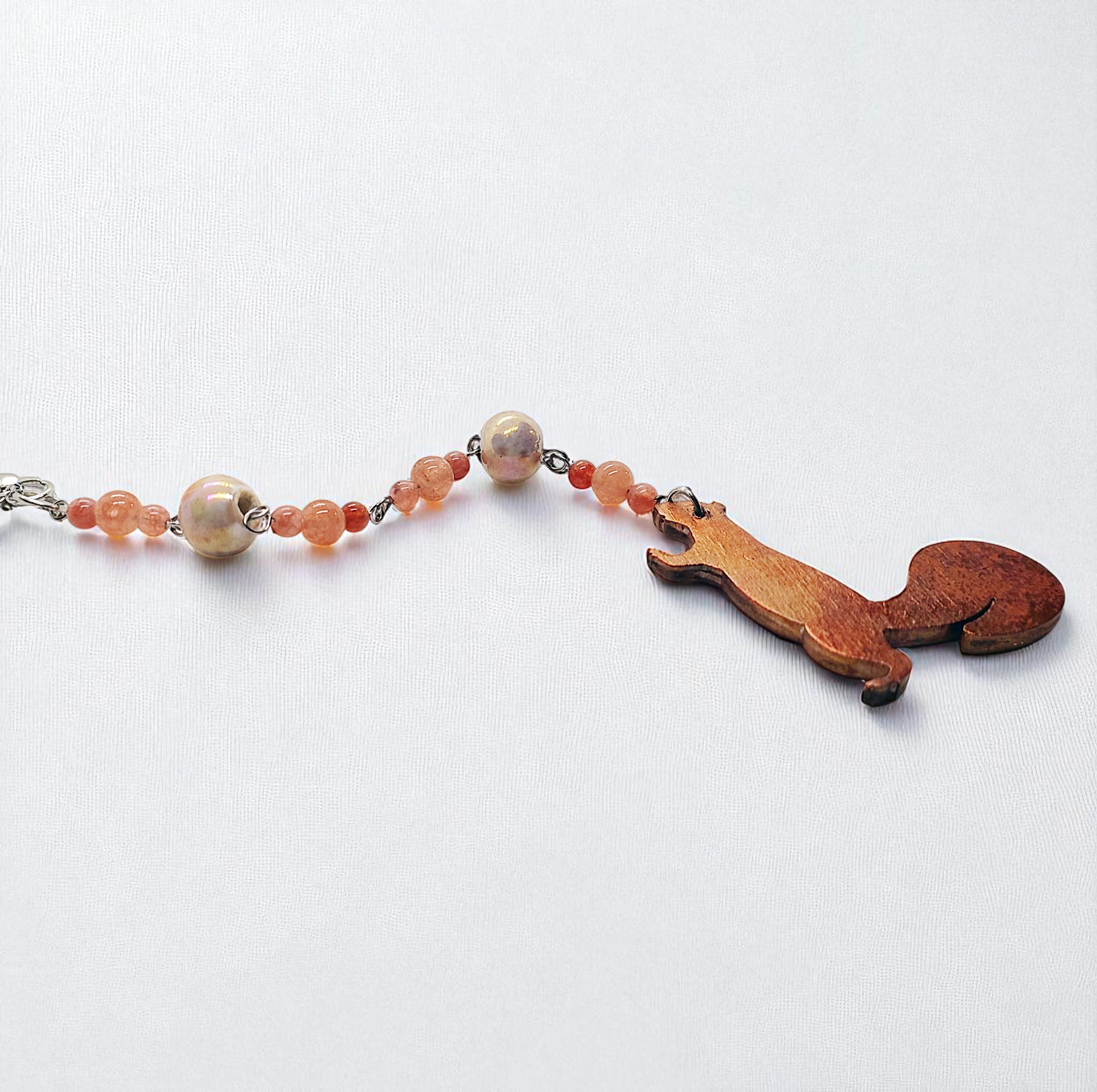 Wooden Squirrel and Beaded Gemstone Hanging Rearview Mirror Car Charm