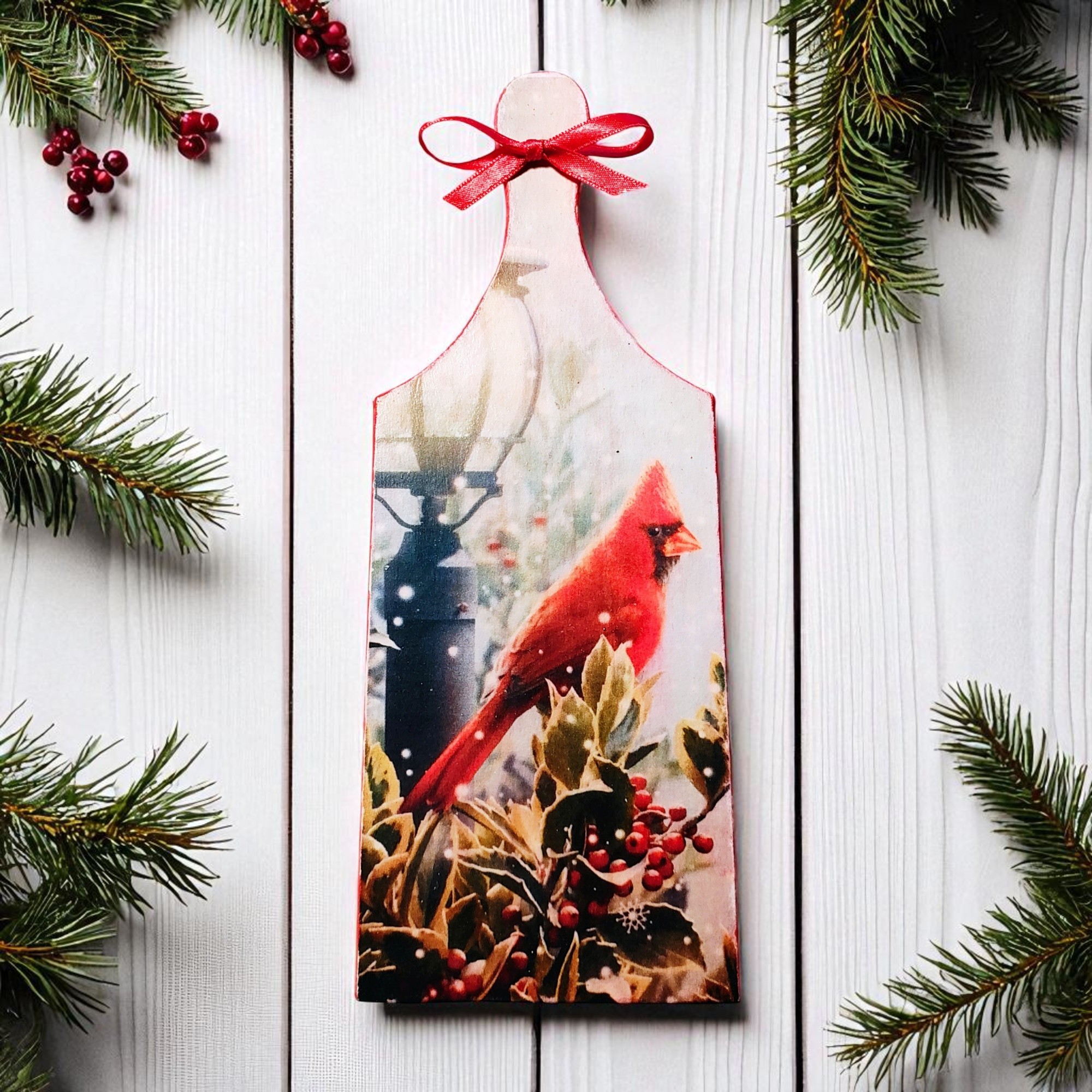 Small Wooden Christmas Scene with Cardinal Cutting Board