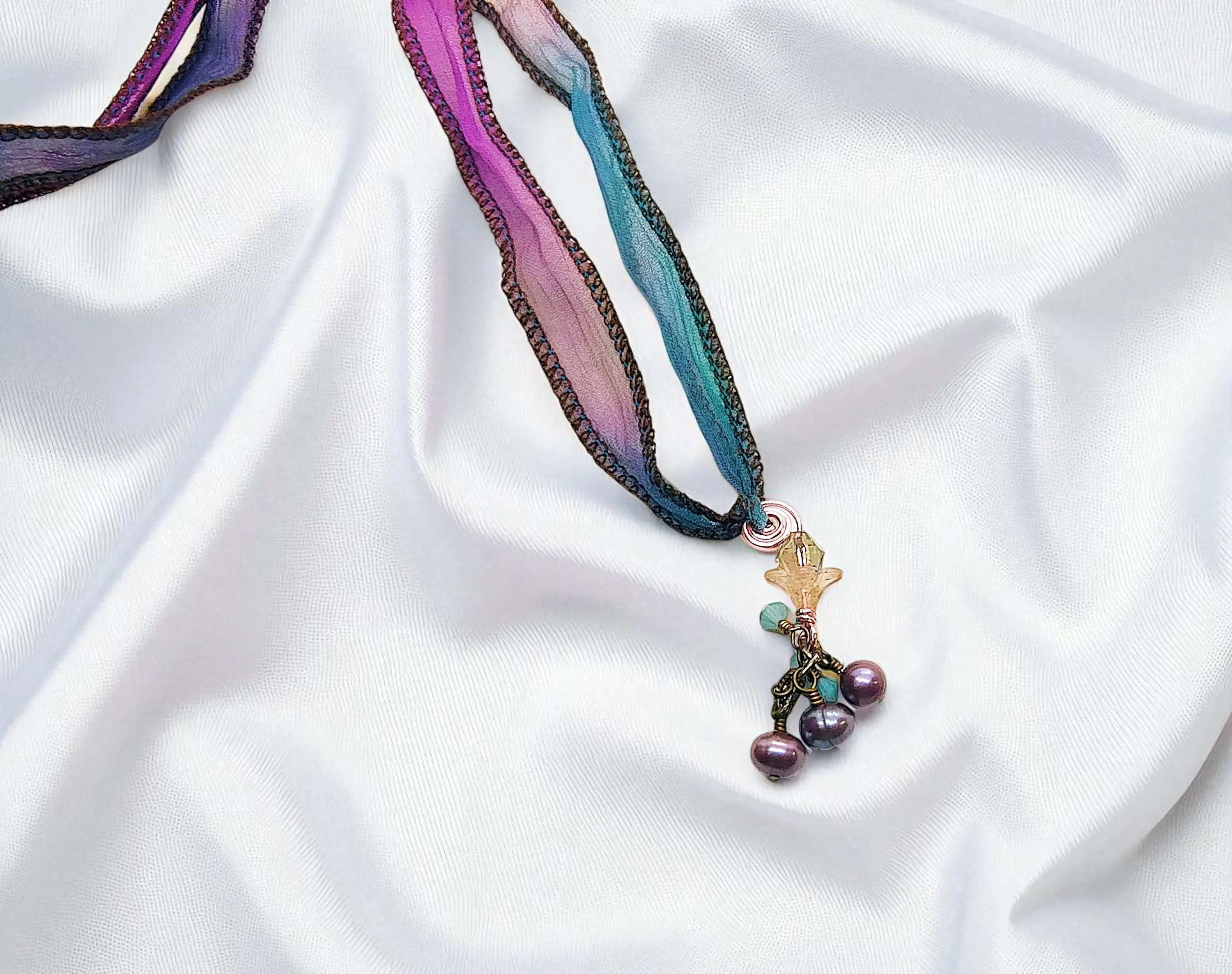 Purple Fresh Water Pearl Multi-Wrap Silk Wrap Ribbon Bracelet 