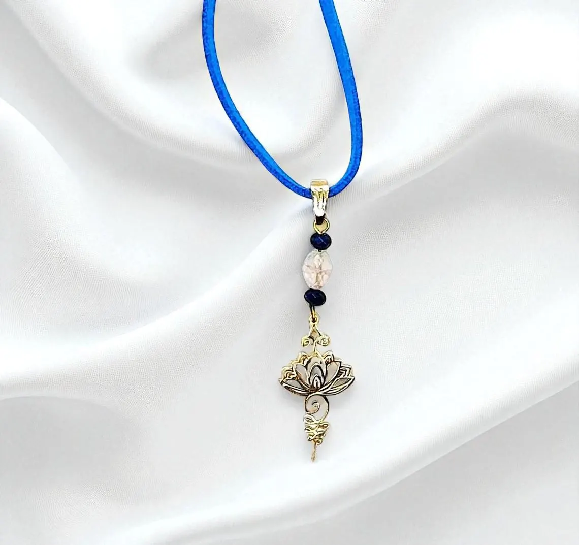 Gold Lotus Flower Gemstone Pendant Blue Suede Cord Necklace