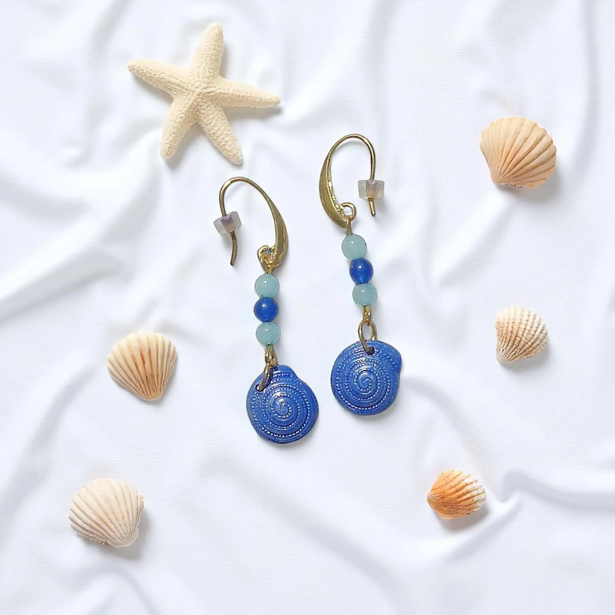 Gold Plated Summer Sea Shell Beaded Dangle Earrings 