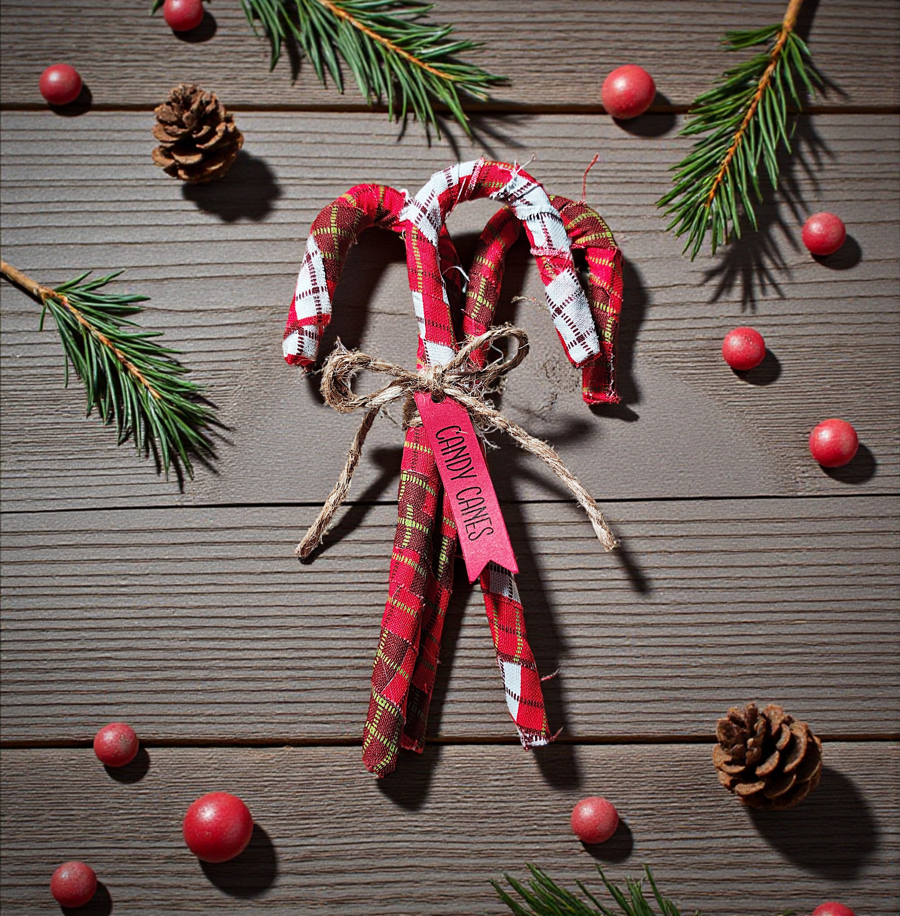 Primitive Fabric Wrapped Christmas Candy Canes with Tag