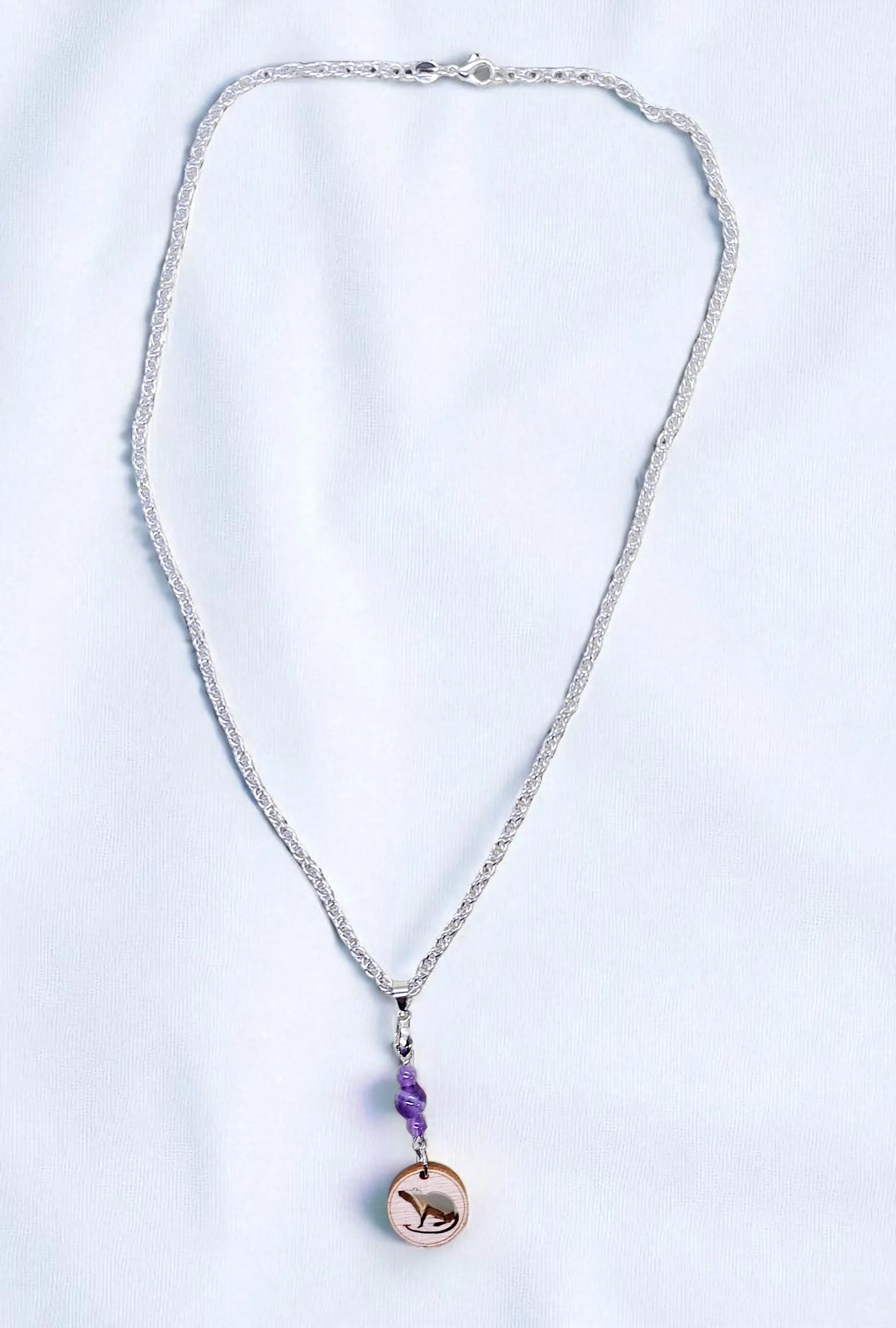Cute Wooden Rat Silhouette & Amethyst Gemstone Pendant on Silver Plated Chain Necklace