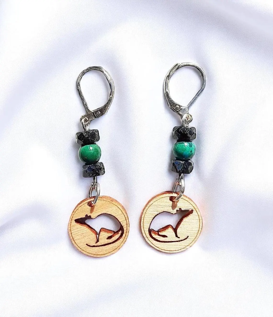 Handcrafted Cute Rat Wooden Rat Charm & Gemstone Dangle Earrings