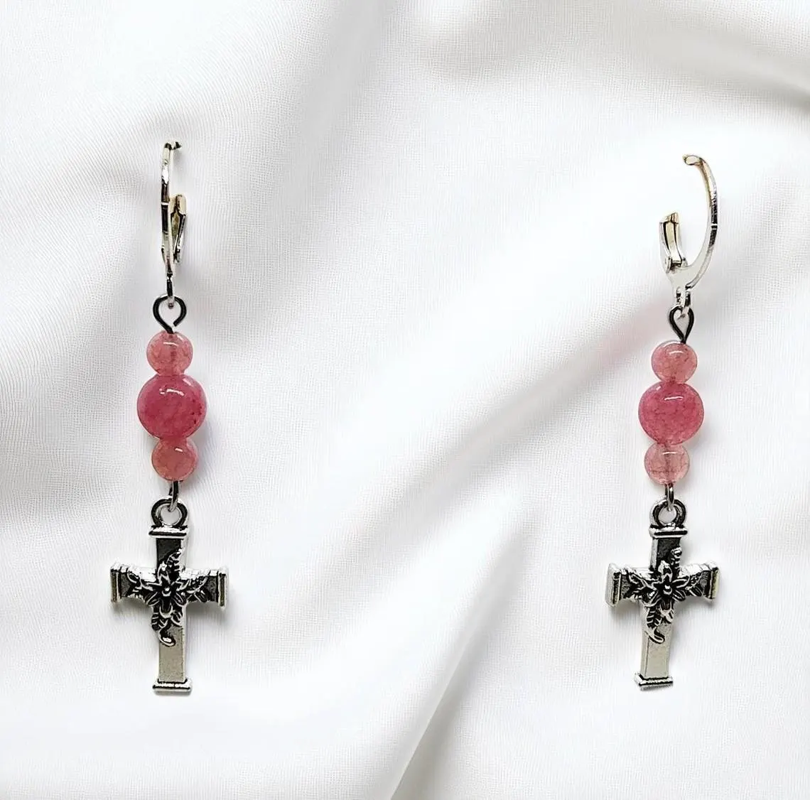 Cross Dangle Earrings with Pink Gemstones