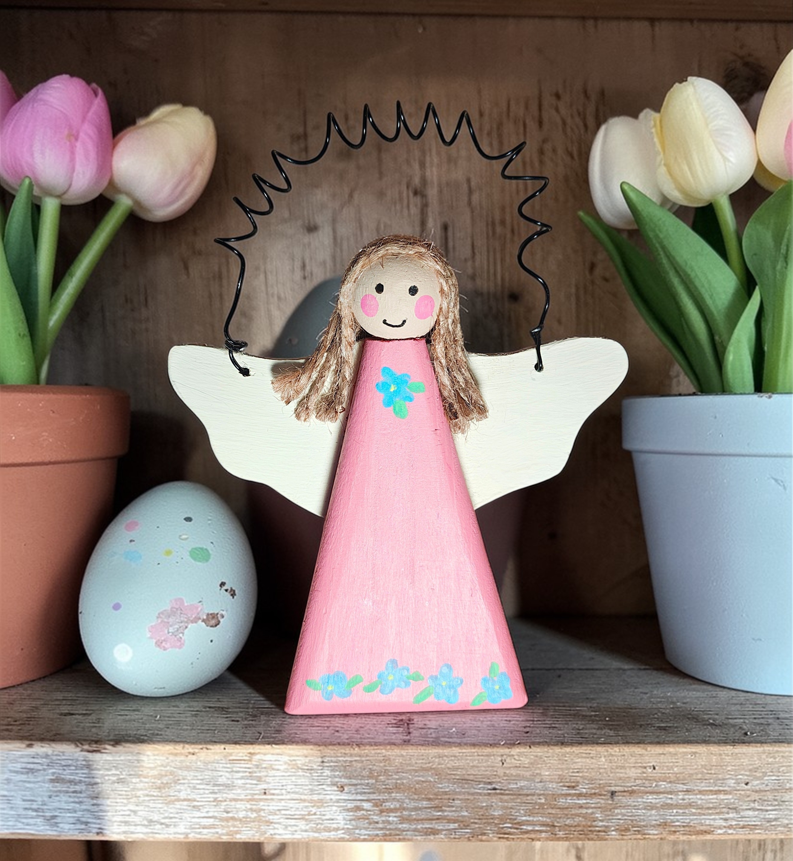 Wooden Spring Floral Angel Ornament