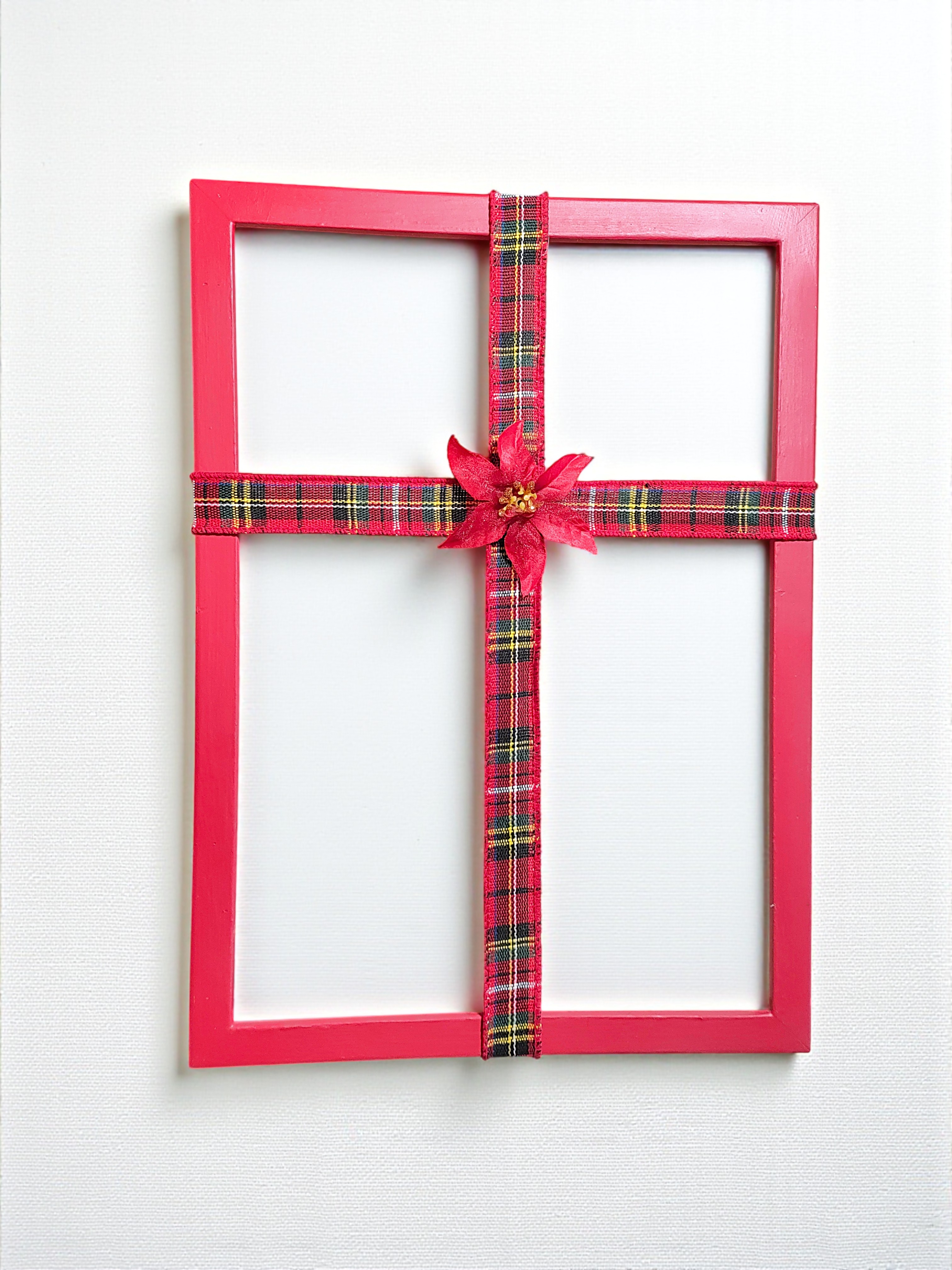 Christmas Ribbon Cross Frame Wall Hanging with Poinsettia