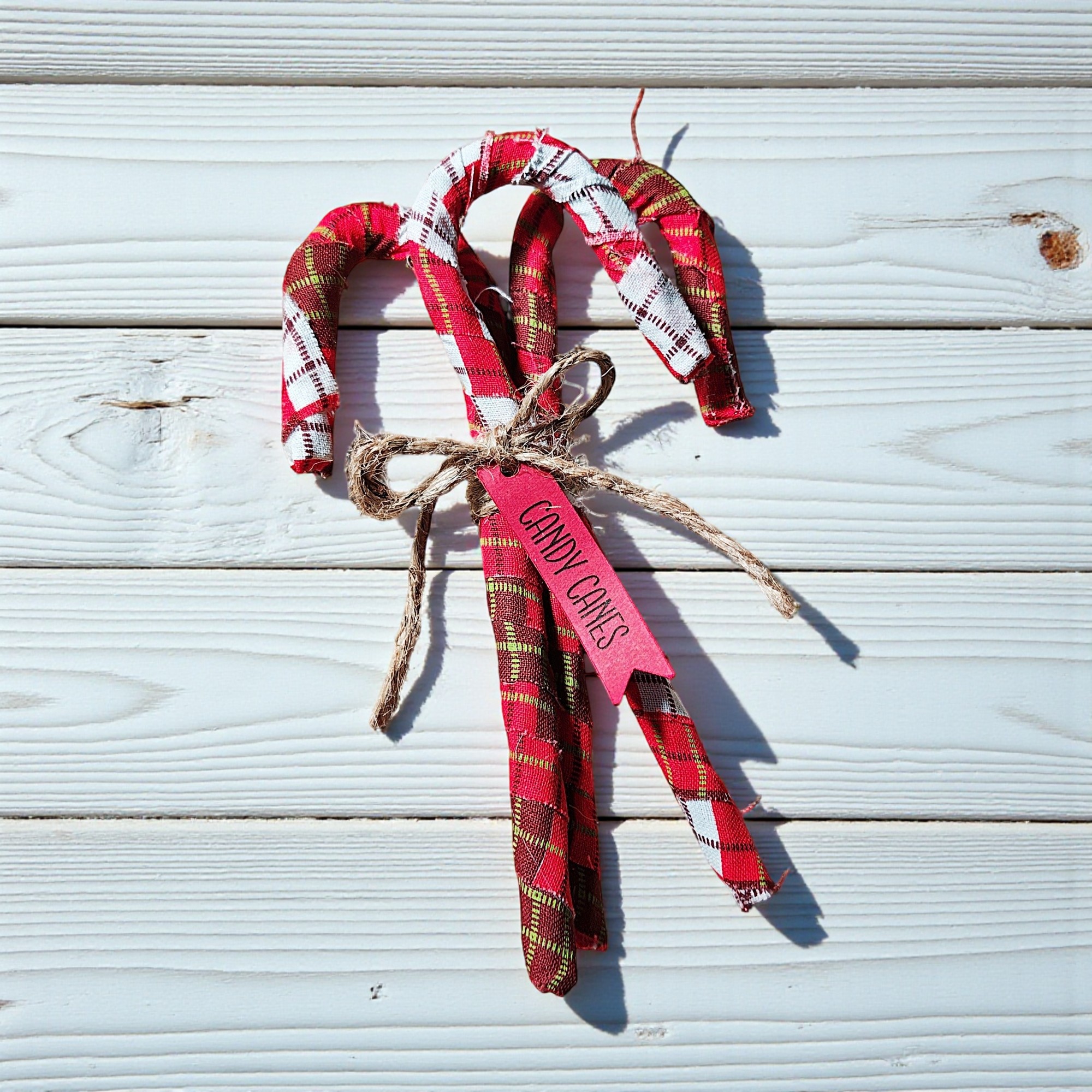Primitive Fabric Wrapped Christmas Candy Canes with Tag