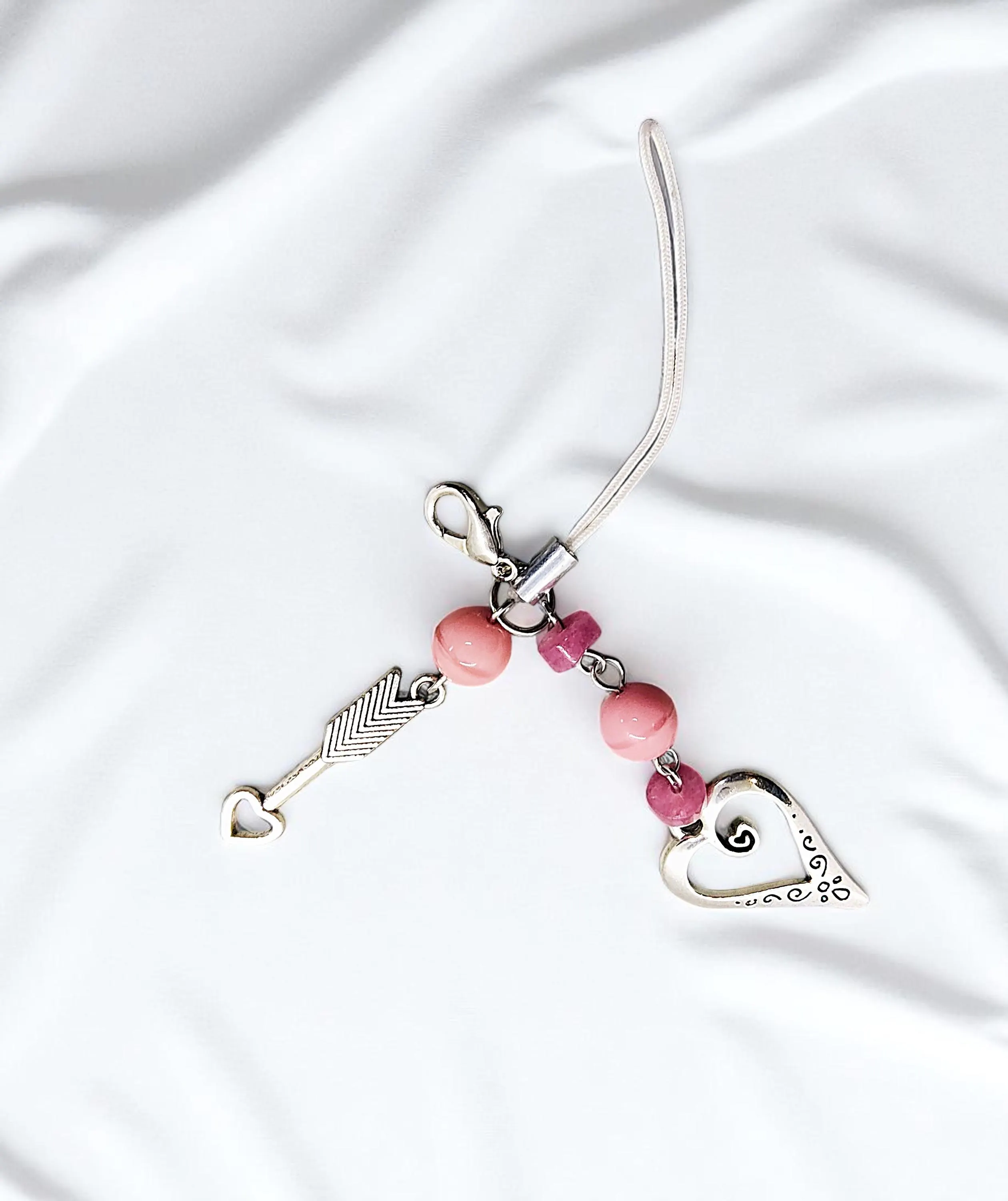 Hearts & Gemstone Beaded Cell Phone Strap Charm 