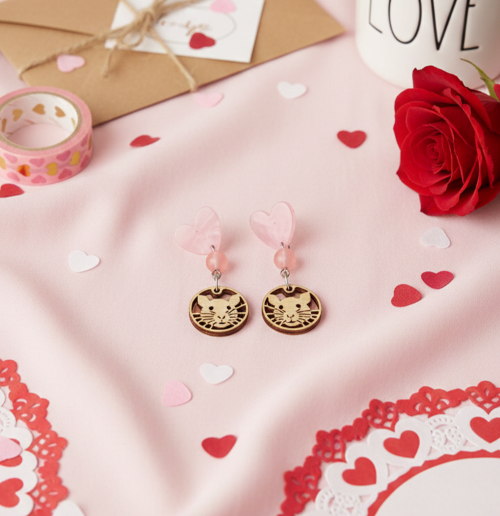 Cute Rat Face Wooden Charm & Pink Quartz Gemstone Post Heart Shaped Earrings
