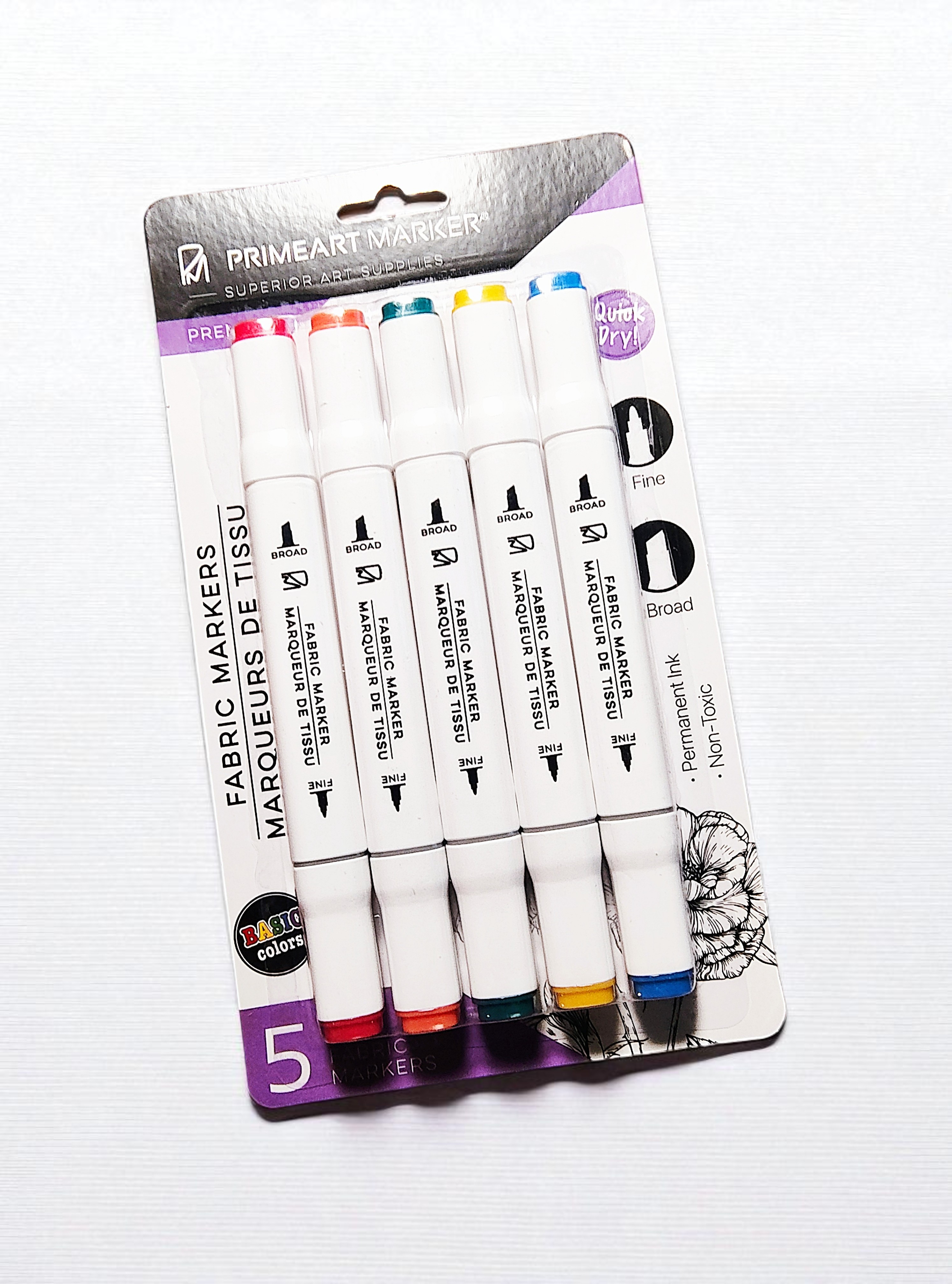PrimeArt Fabric Markers, Fine & Broad Tips, Basic Colors