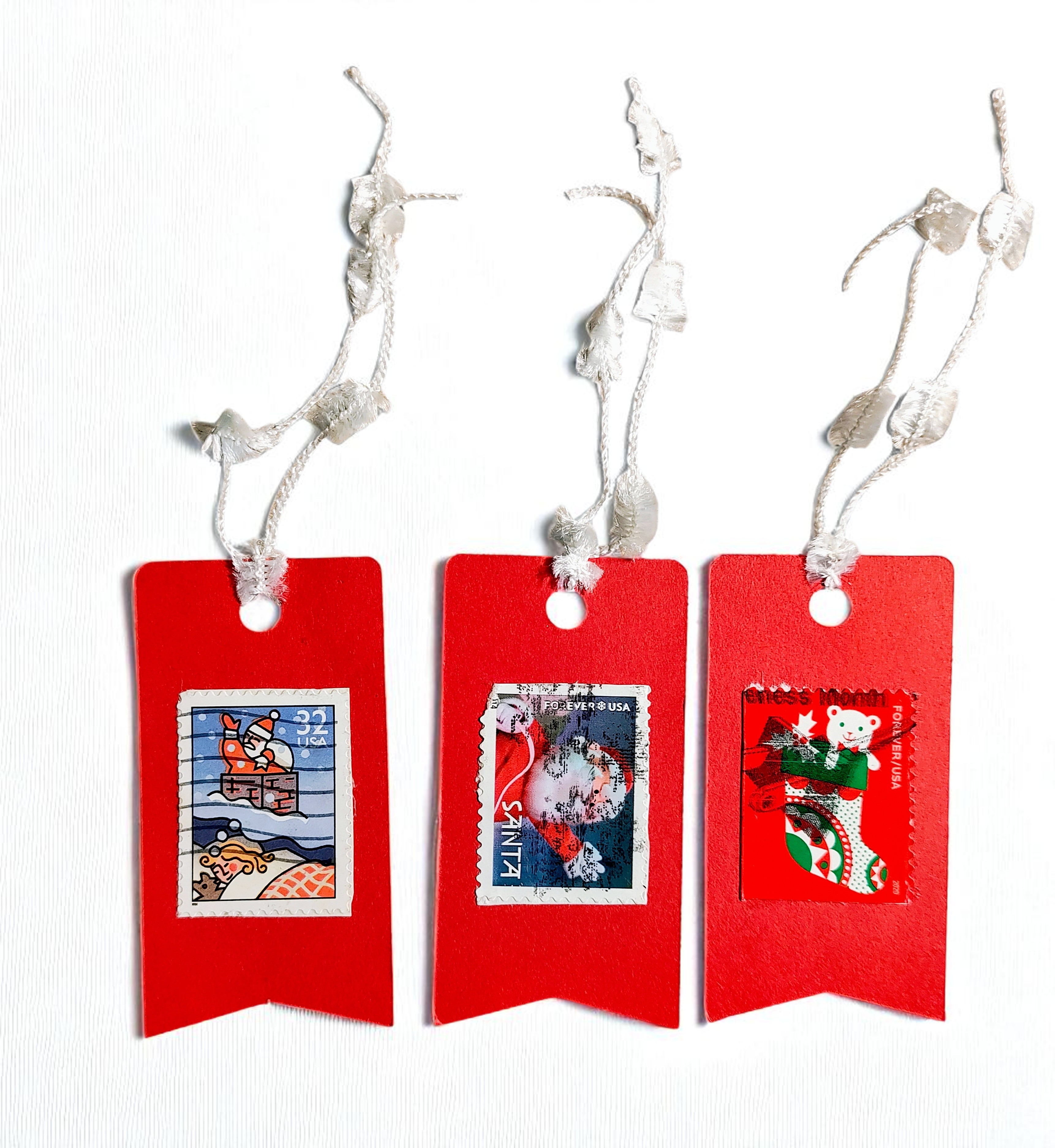 Handmade Vintage Postage Stamp Christmas Gift Tags with Lace Ribbon - Set of 6