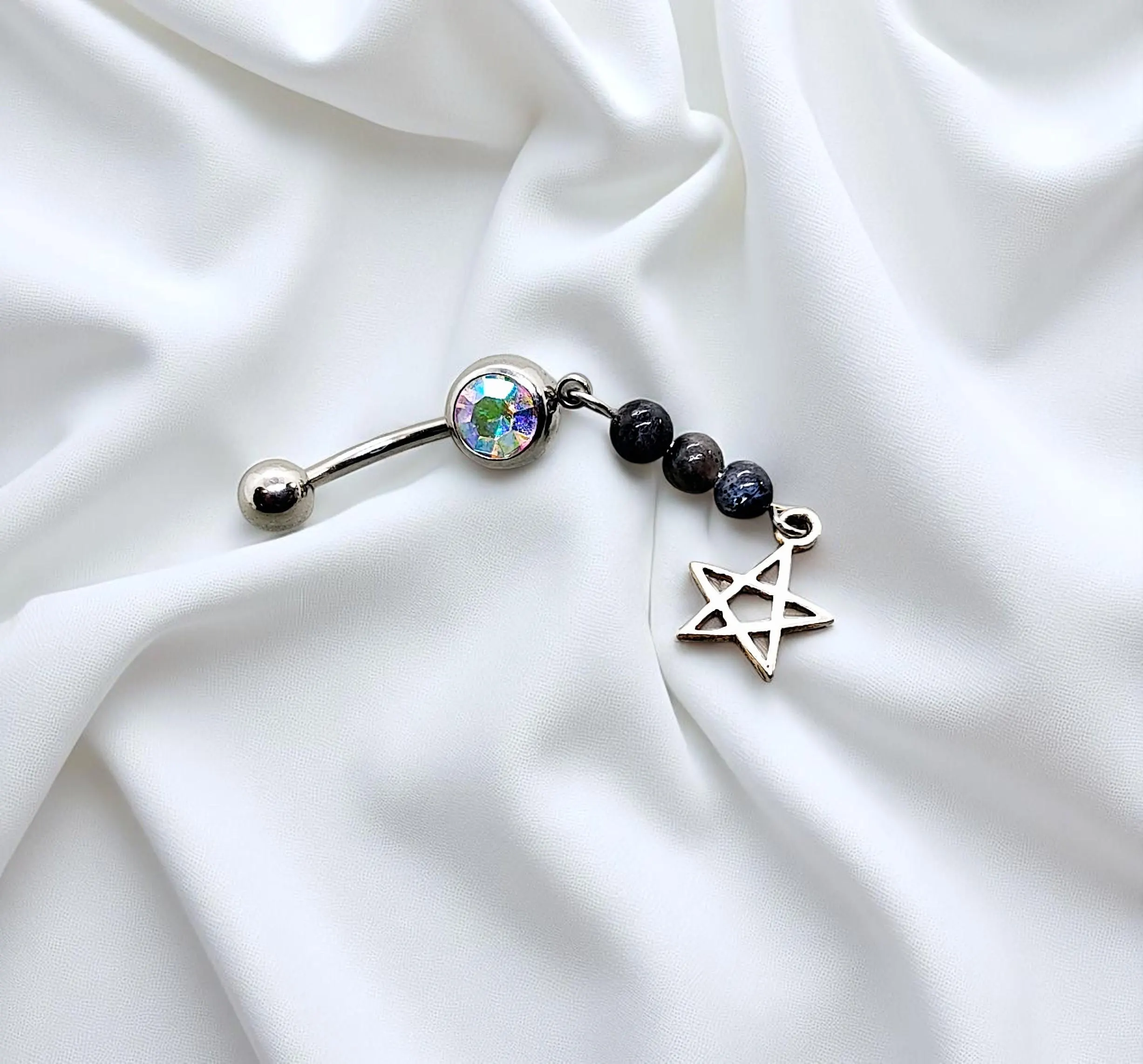 Sterling Silver Star & Labradorite Gemstone Belly Ring Jewelry - 14 G