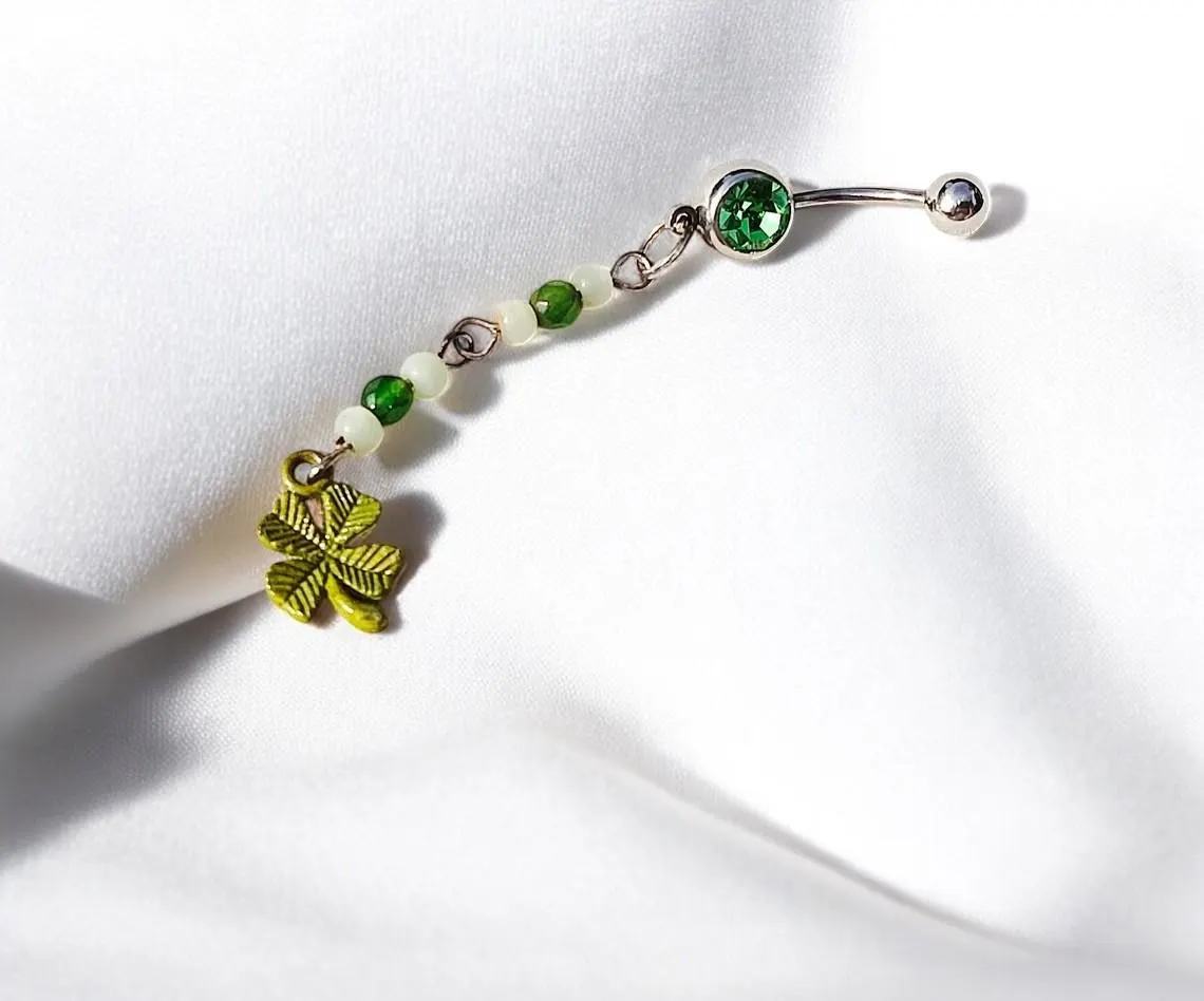 Four Leaf Clover with Green Gemstone Belly Button Ring Jewelry - 14 G