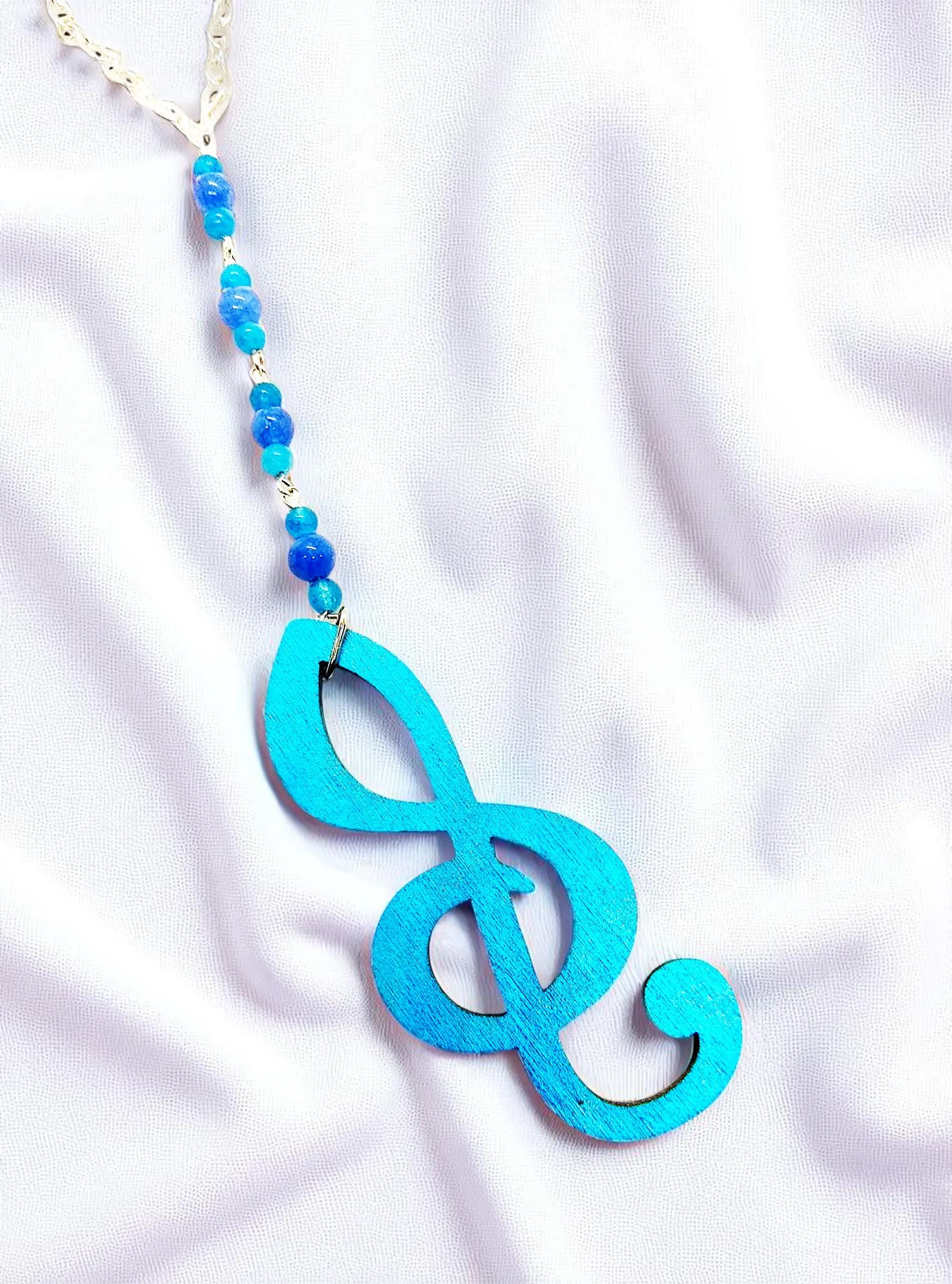 Wooden Music Treble Clef and Blue Kyanite Gemstone Rear View Mirror Car Charm