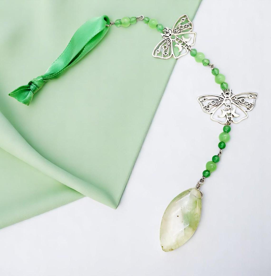 Hanging Beaded Green Gemstone Sun Catcher with Butterflies