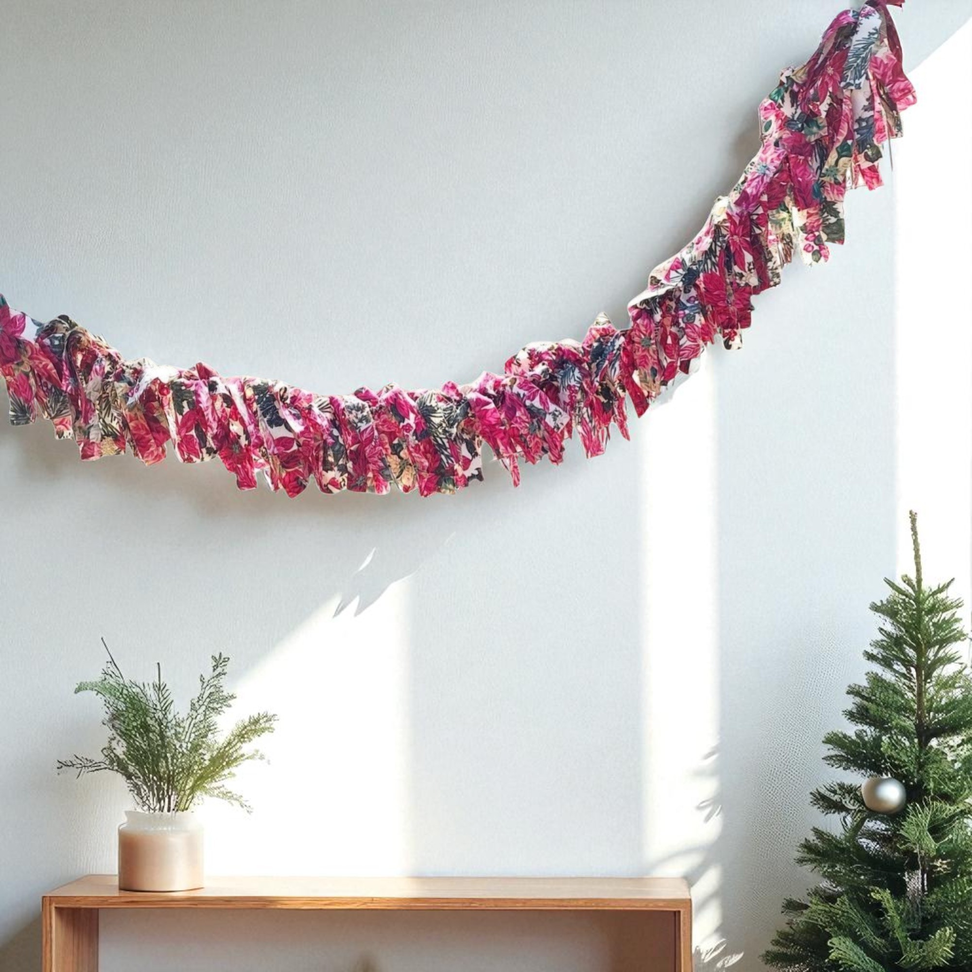 Handmade Christmas Poinsettia Fabric Rag Flag Garland Banner Decoration