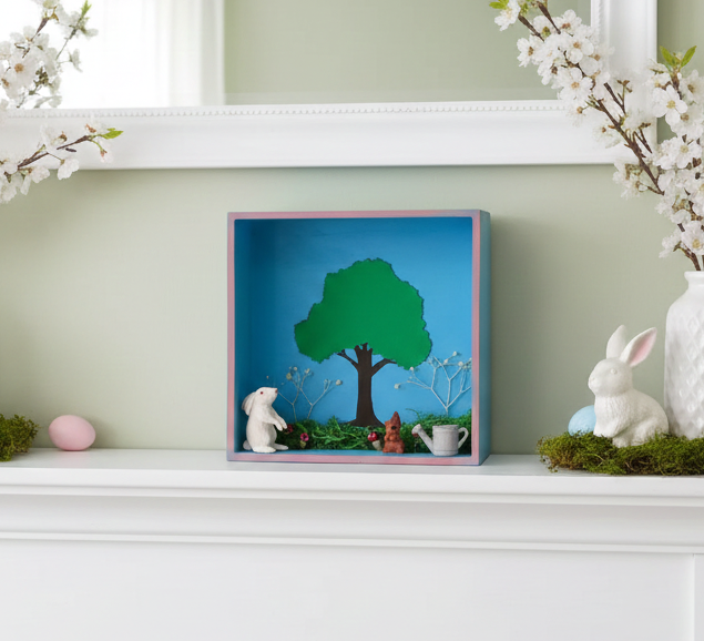 Spring Scene Shadow Box Shelf Sitter with Miniature Garden Scene 
