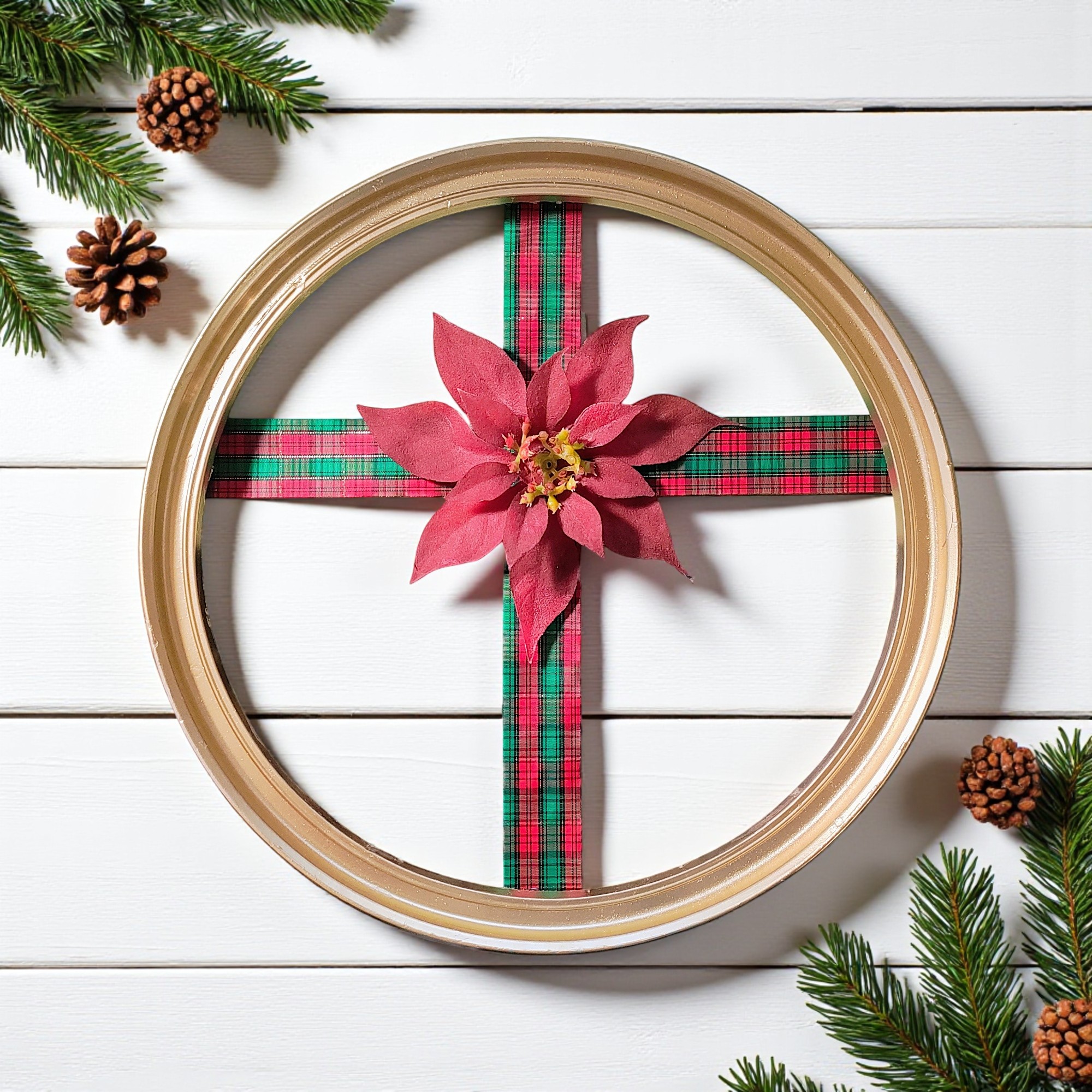 Large Round Christmas Ribbon Cross Frame Wall Hanging with Poinsettia