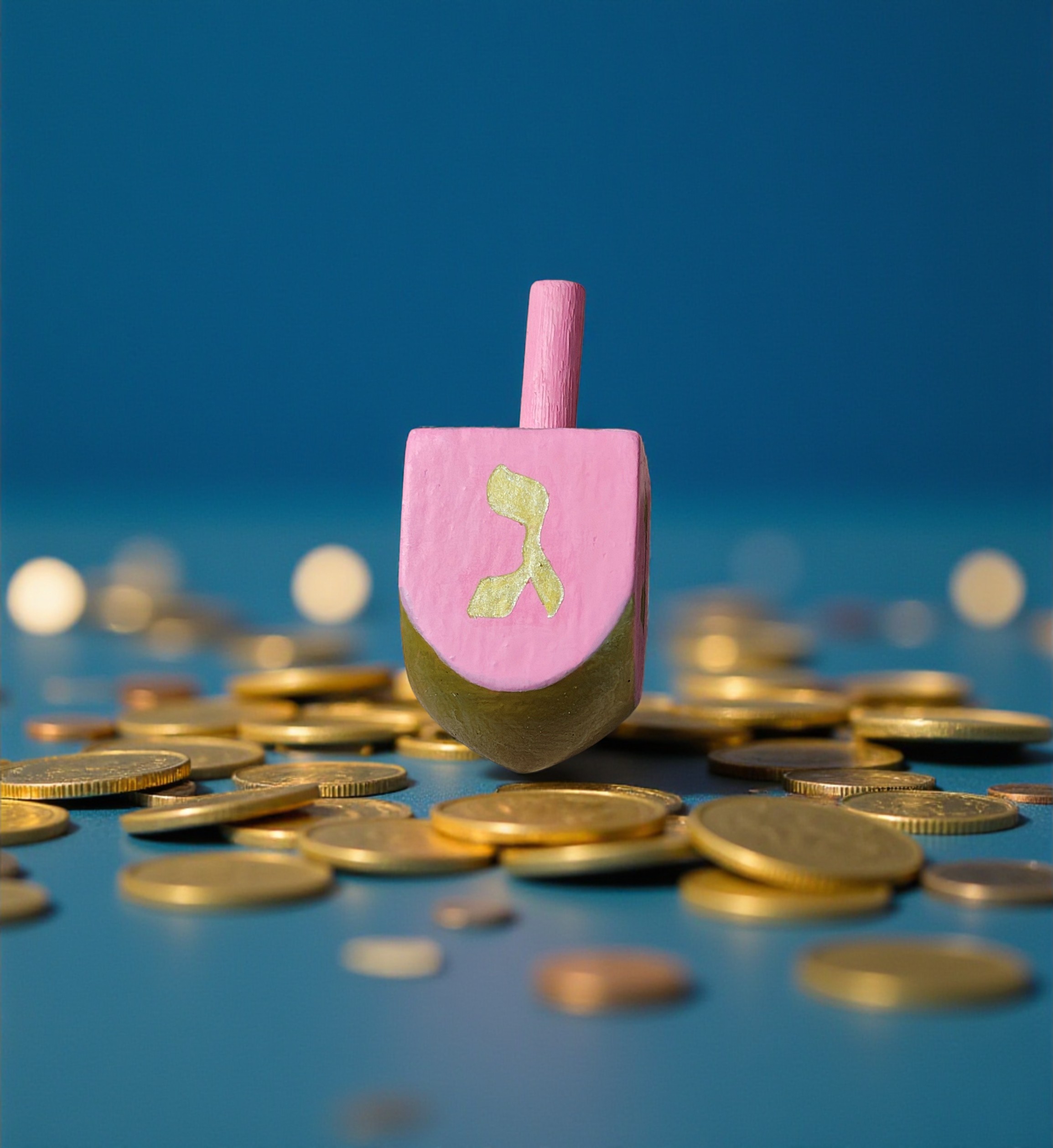 Hand Painted Wooden Pink & Gold Hanukkah Dreidel Game