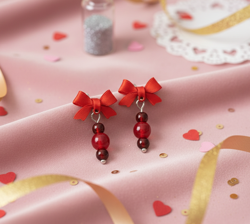 Handcrafted Red Garnet Gemstone Post Bow Earrings 