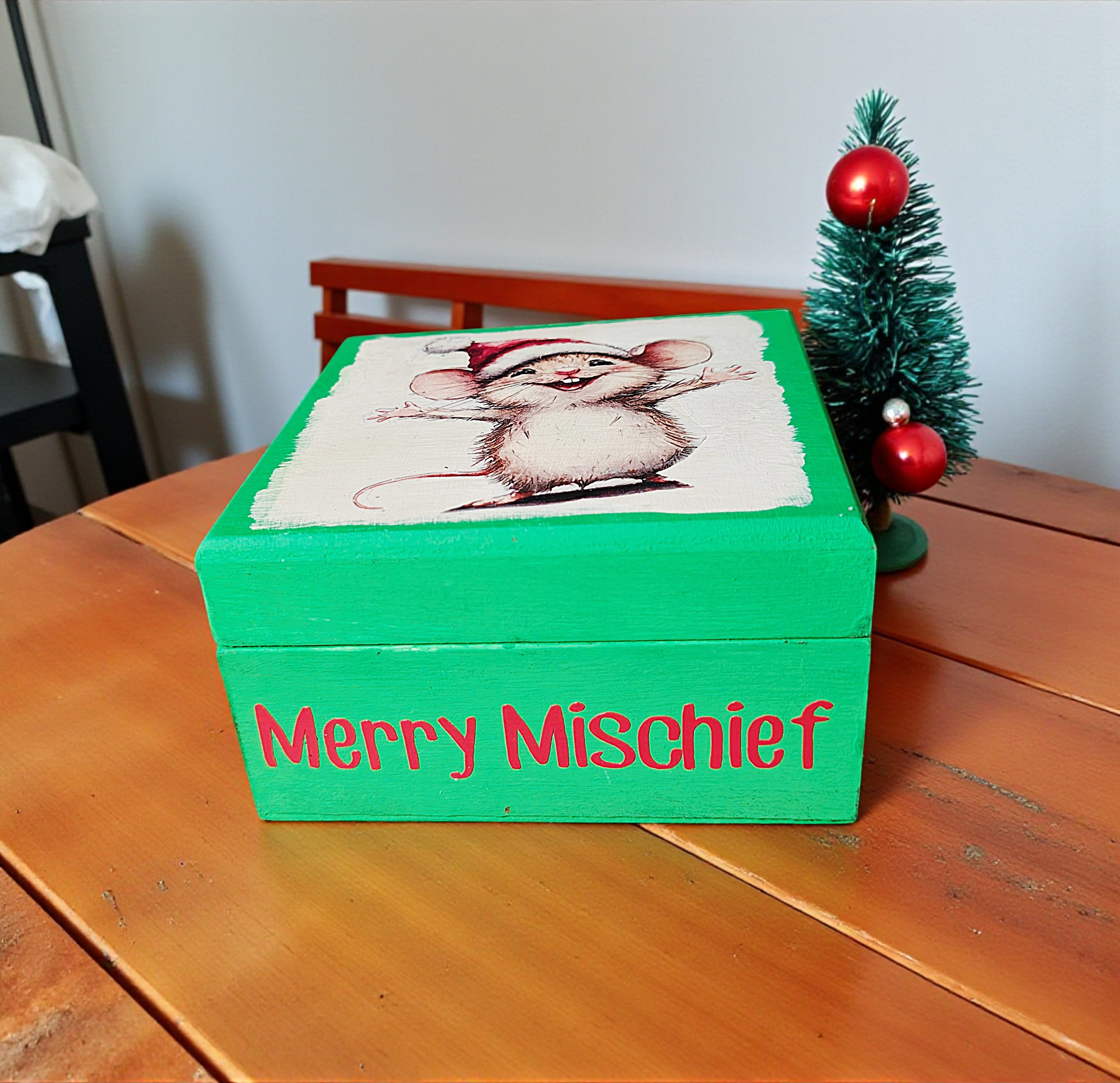 Small Wooden Merry Mischief Christmas Mouse Gift Box