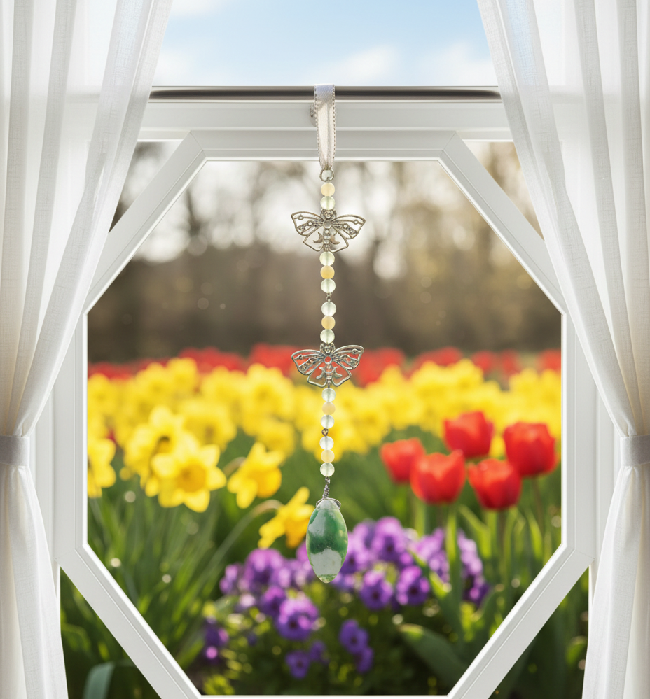 Hanging Beaded Green Gemstone Suncatcher with Butterflies