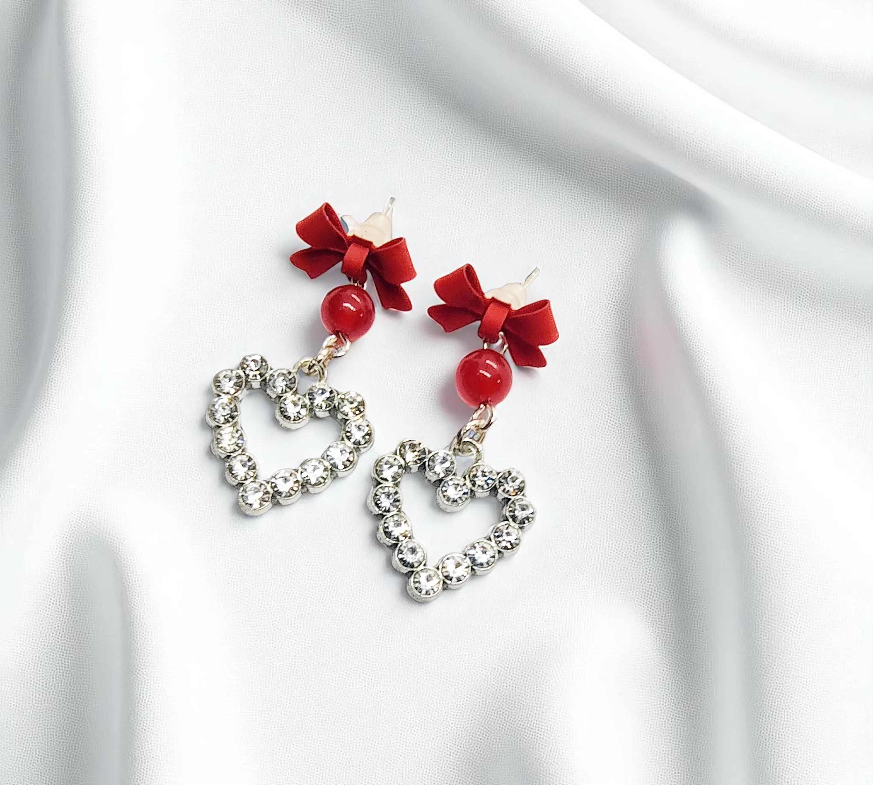Handcrafted Rhinestone Heart & Red Gemstone Post Bow Earrings 
