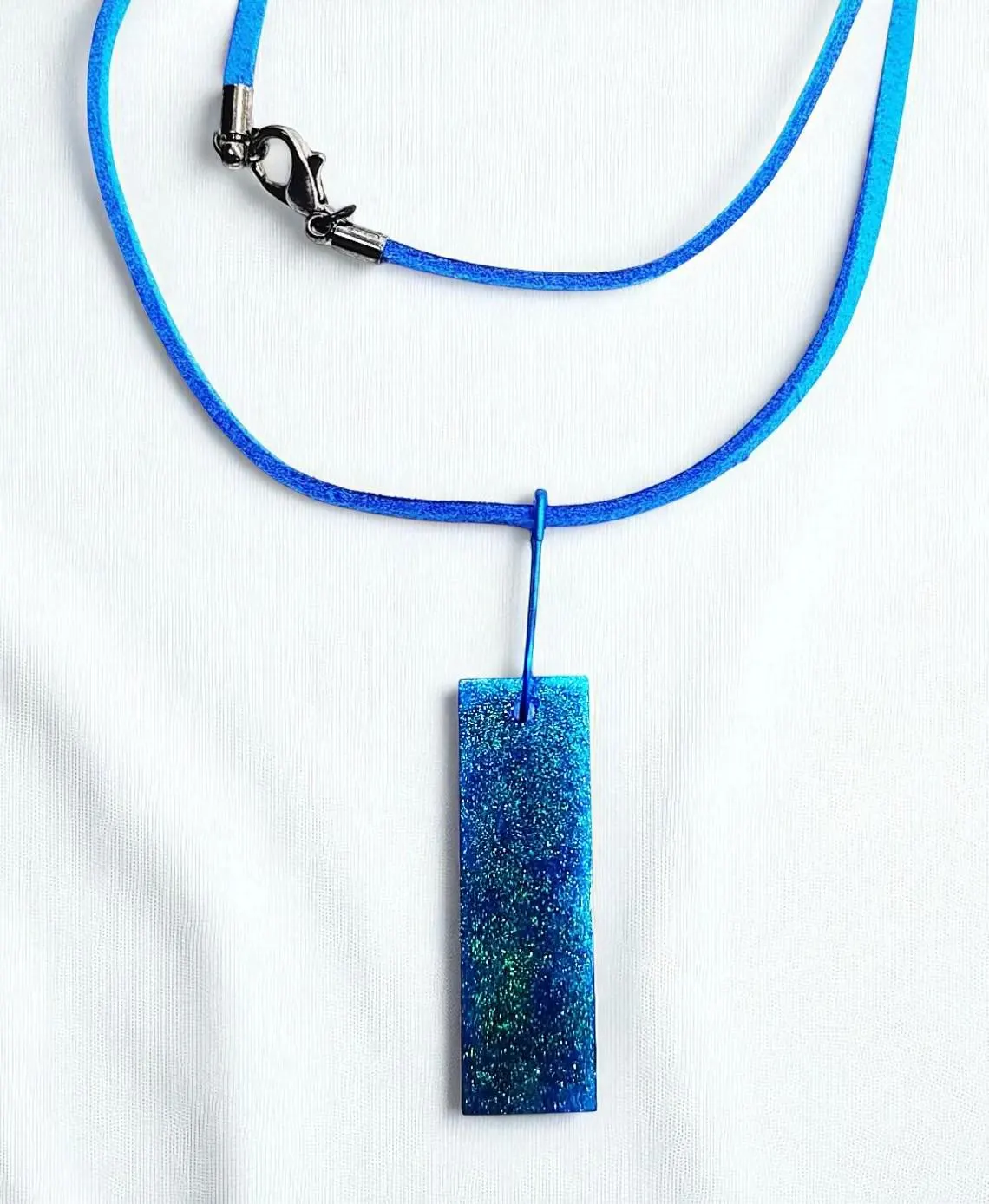 Blue Suede Cord Necklace with Teal Resin Chameleon Pendant