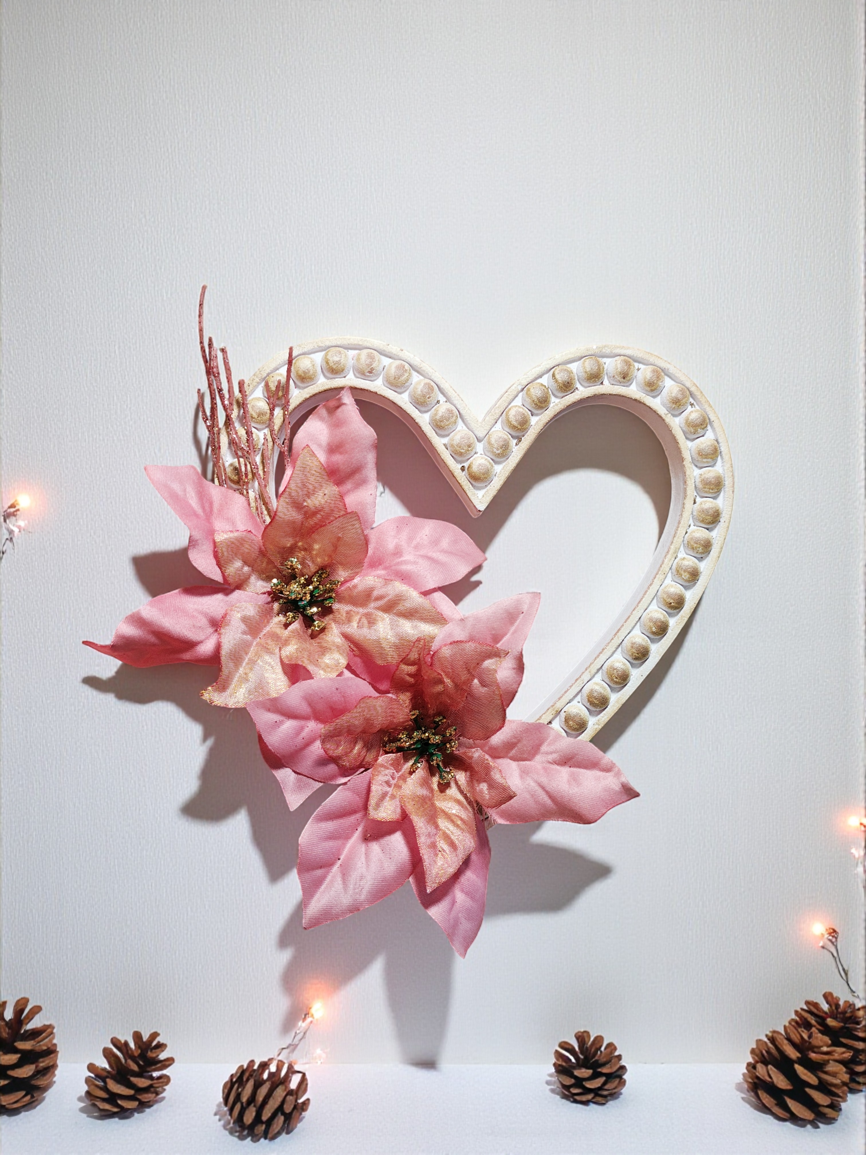 Rustic Christmas Gold & Pink Poinsettia Heart Door Hanger